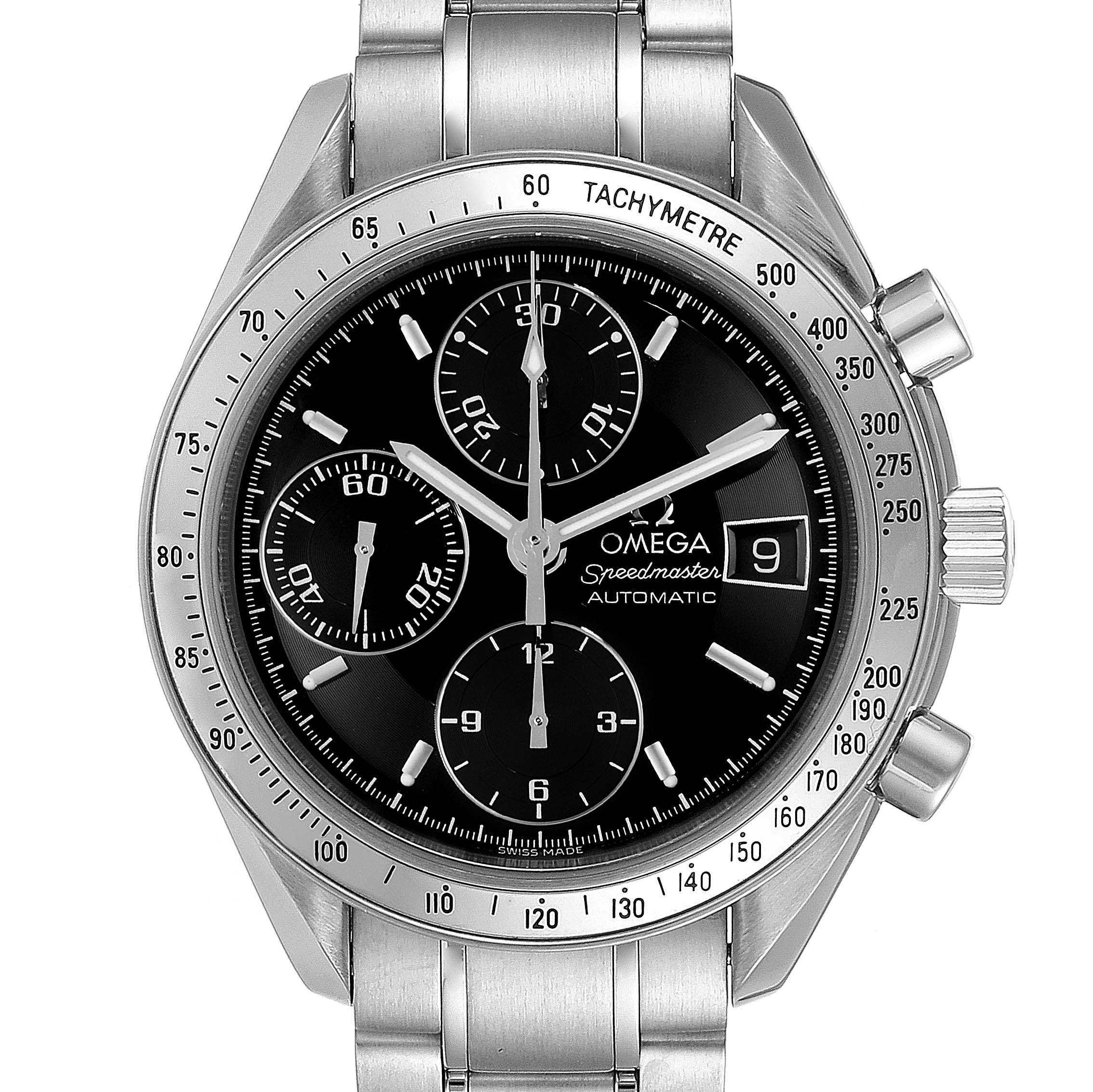The image shows a full frontal view of an Omega Speedmaster 3513.50.00 Men
s Stainless Steel Black Dial 3513.50.00 Men
s Stainless Steel Black Dial watch, highlighting the dial, sub-dials, tachymeter, and bracelet.