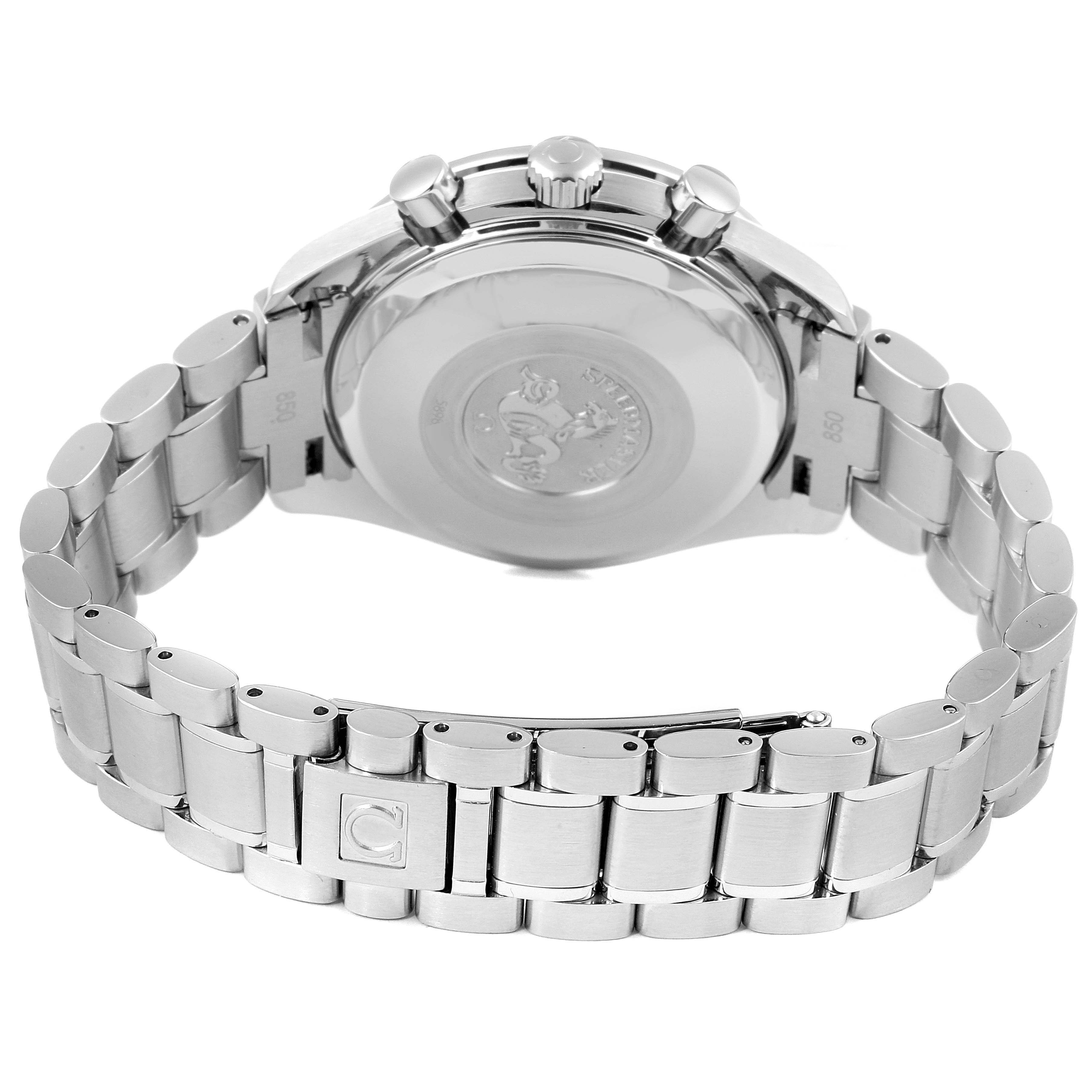 This image shows the back view of the Omega Speedmaster 3513.50.00 Men
s Stainless Steel Black Dial 3513.50.00 Men
s Stainless Steel Black Dial watch, highlighting its bracelet, clasp, and watch case.