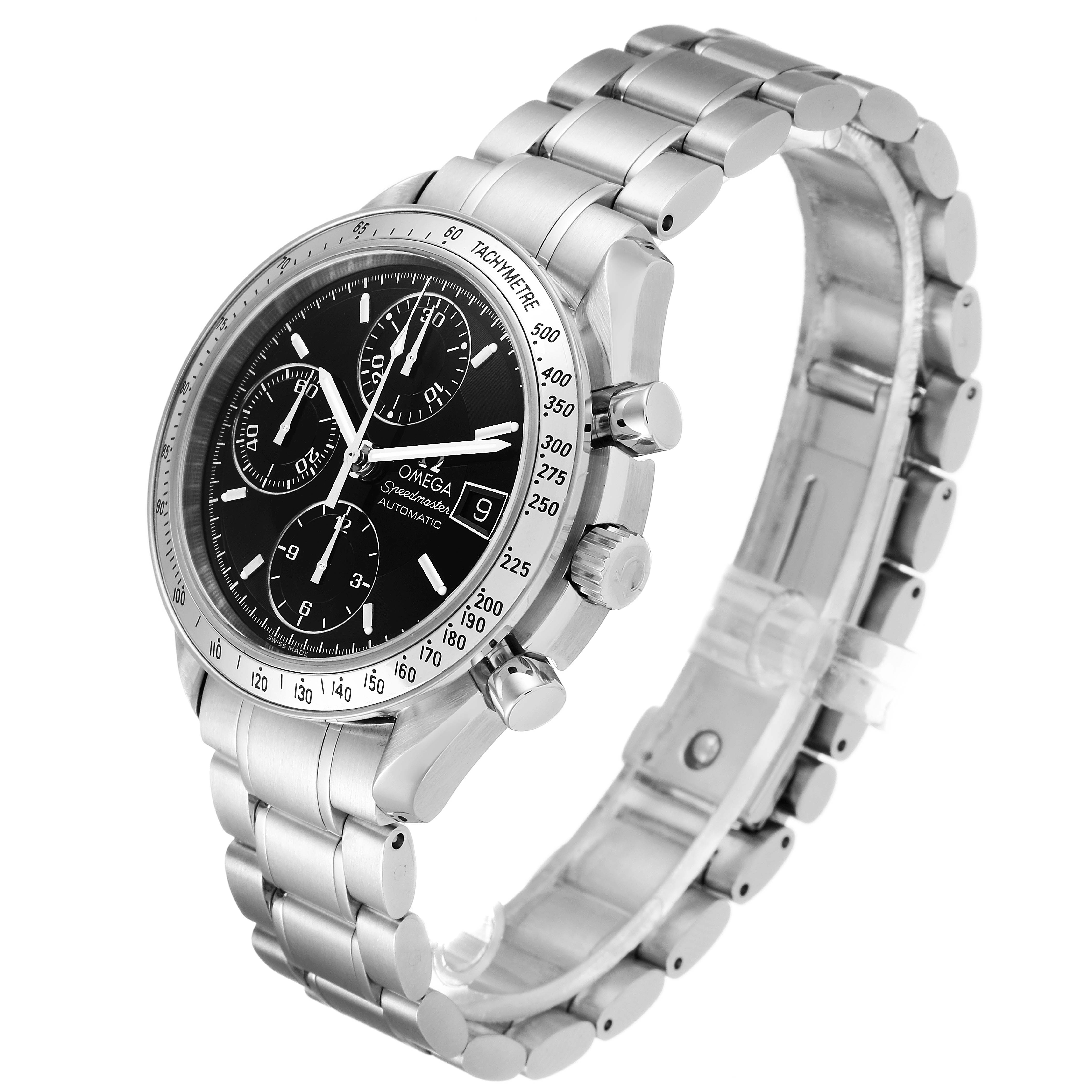 The Omega Speedmaster 3513.50.00 Men
s Stainless Steel Black Dial 3513.50.00 Men
s Stainless Steel Black Dial is shown at a three-quarter top-down angle, highlighting its bracelet, tachymeter bezel, pushers, and dial.