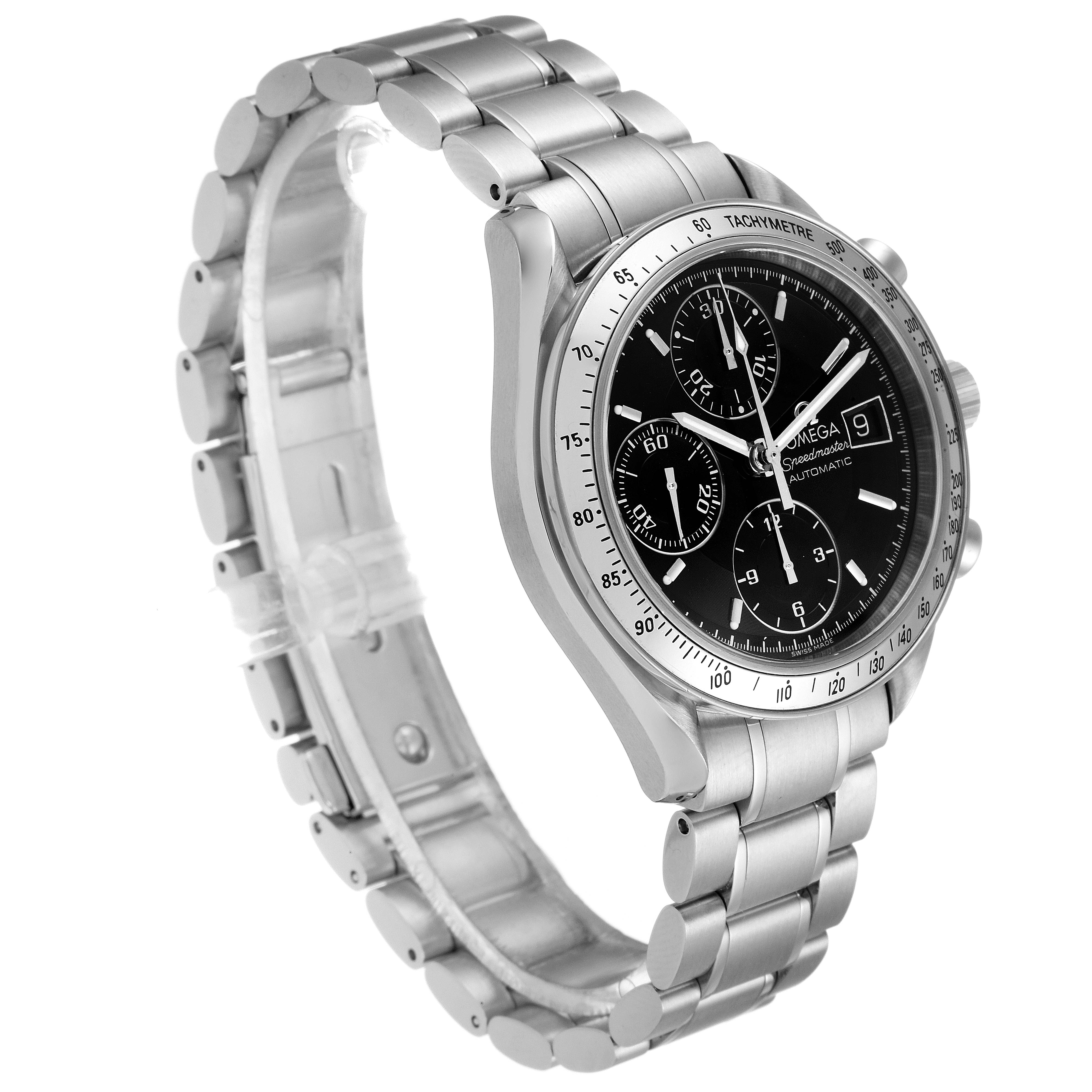 The image shows an angled view of the Omega Speedmaster 3513.50.00 Men
s Stainless Steel Black Dial 3513.50.00 Men
s Stainless Steel Black Dial watch, highlighting its stainless steel bracelet and black dial with chronograph features.