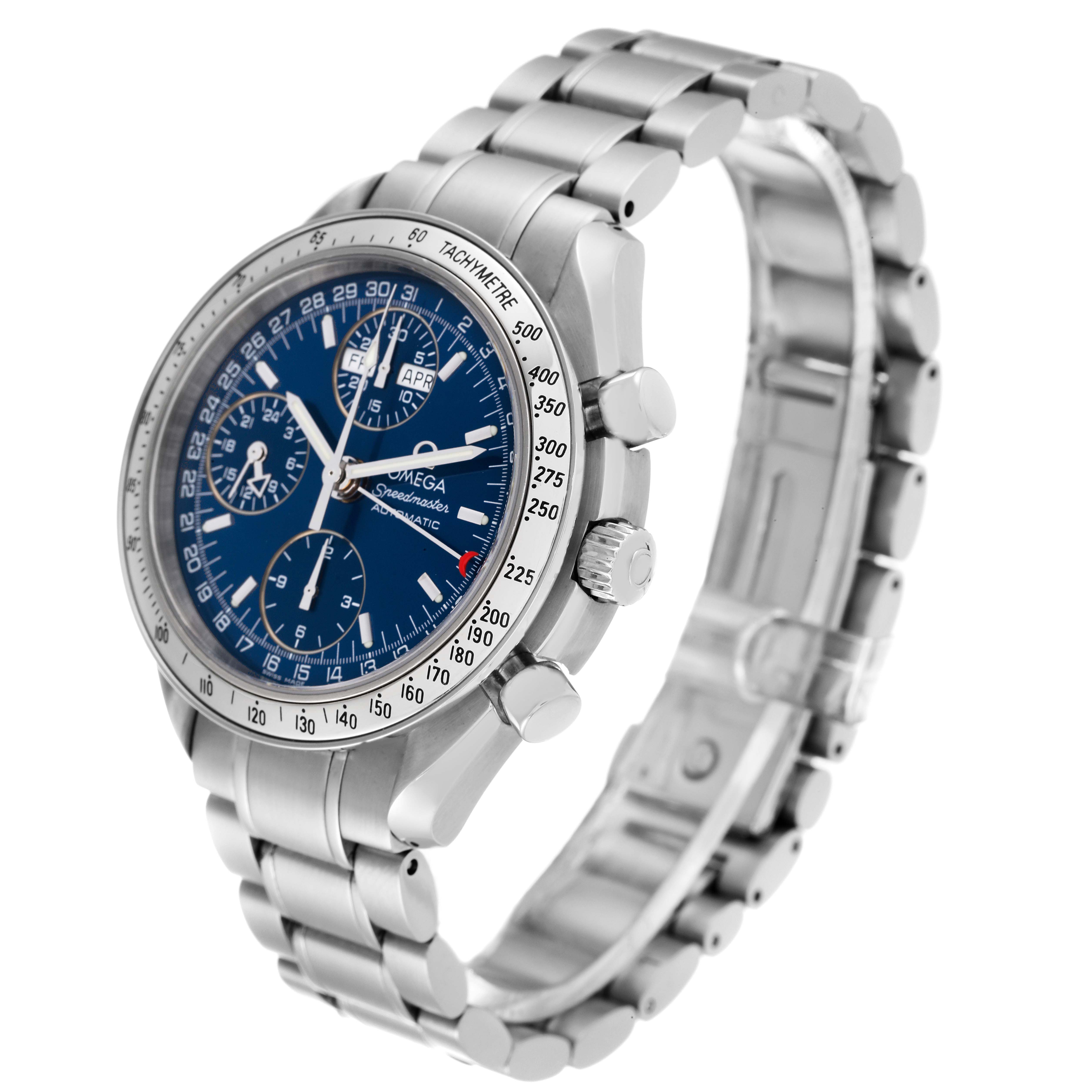 The image shows an Omega Speedmaster 3523.80.00 Men's Stainless Steel Blue Dial 3523.80.00 Men's Stainless Steel Blue Dial watch at a three-quarter angle, highlighting the dial, bezel, push buttons, and metal bracelet.