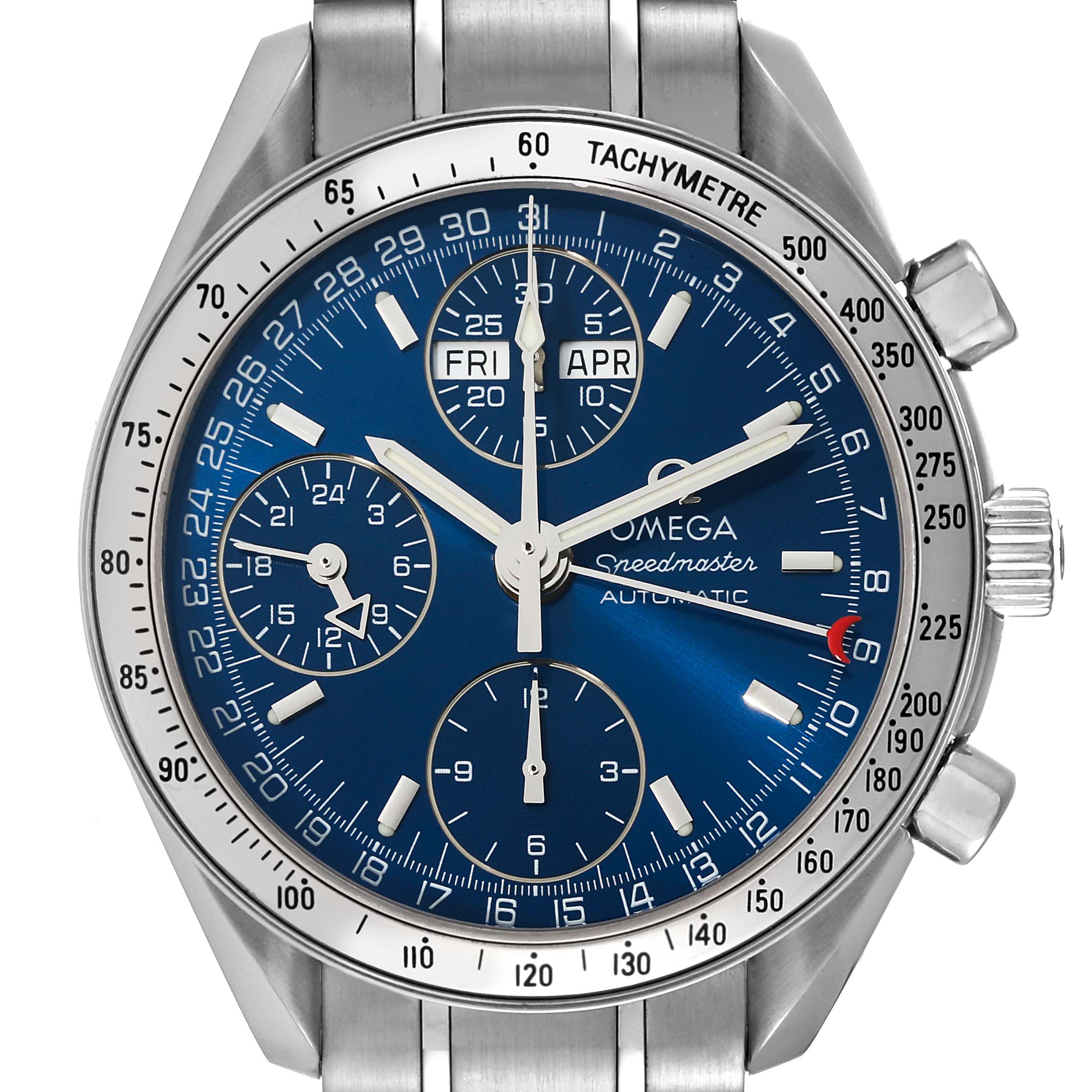 This front-facing image shows an Omega Speedmaster 3523.80.00 Men's Stainless Steel Blue Dial 3523.80.00 Men's Stainless Steel Blue Dial watch, featuring a blue dial, sub-dials, date display, and tachymeter bezel.