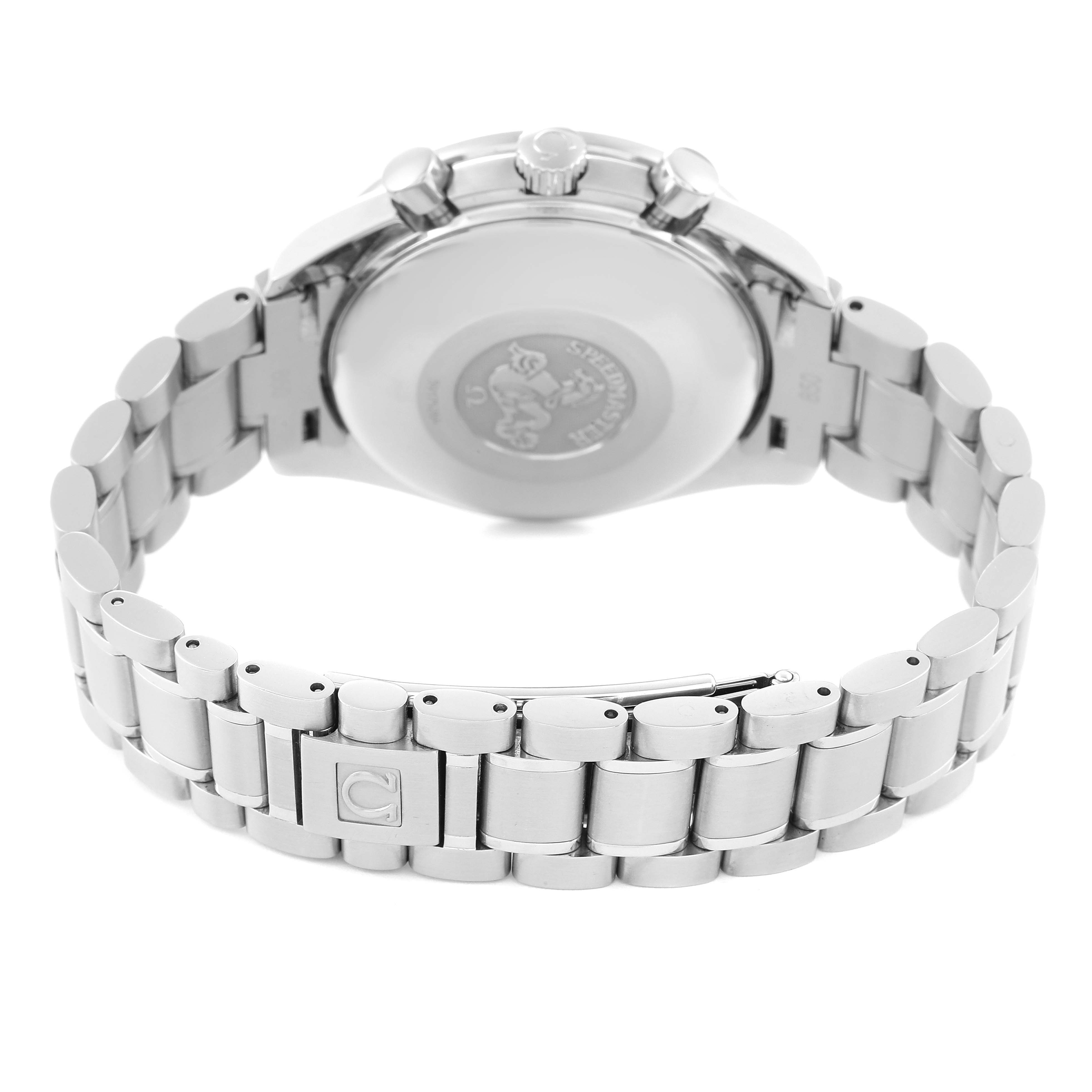 The image shows the back view of an Omega Speedmaster 3523.80.00 Men's Stainless Steel Blue Dial 3523.80.00 Men's Stainless Steel Blue Dial watch, focusing on the case back and metal bracelet.