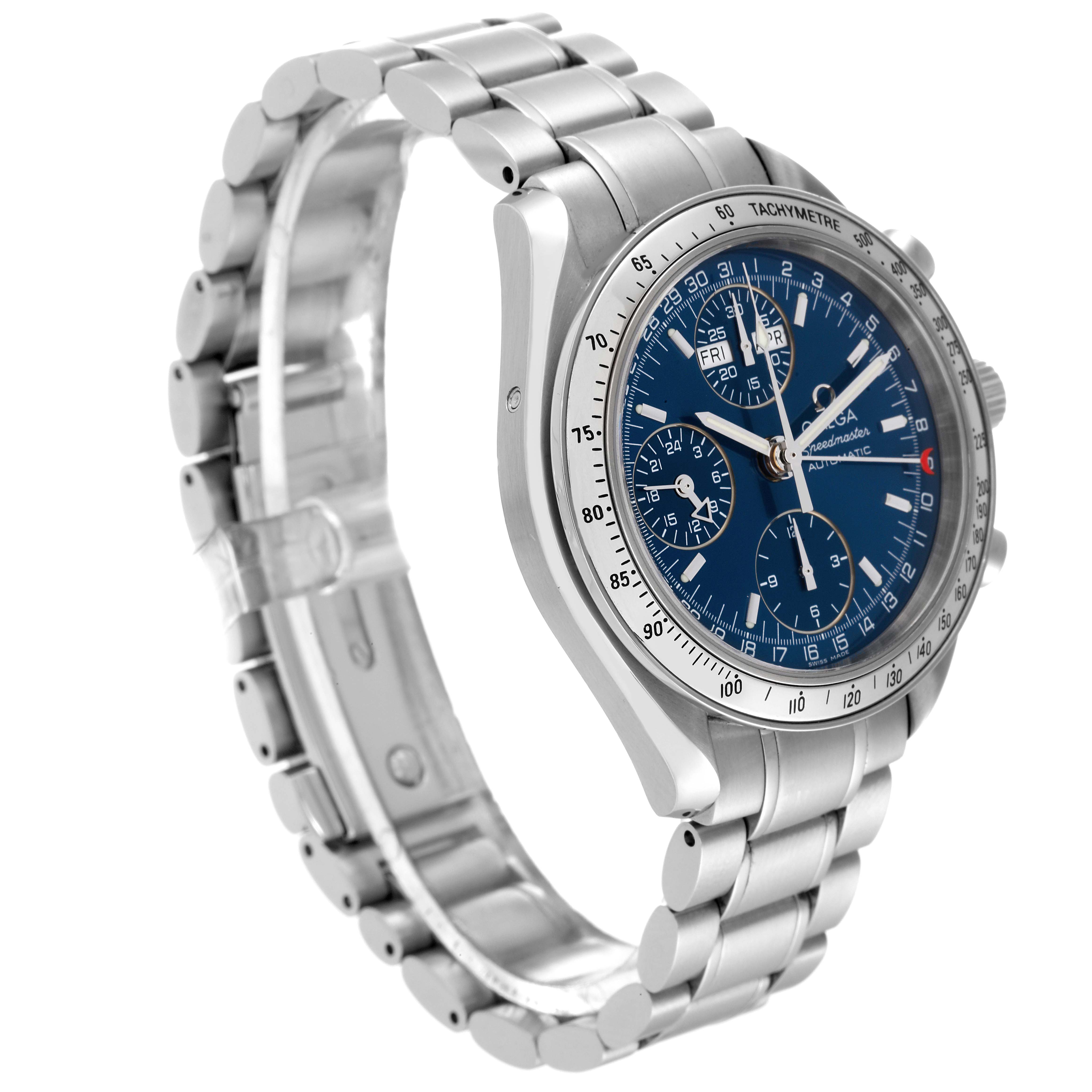 The image shows an Omega Speedmaster 3523.80.00 Men's Stainless Steel Blue Dial 3523.80.00 Men's Stainless Steel Blue Dial watch angled to display the dial, case, and bracelet.