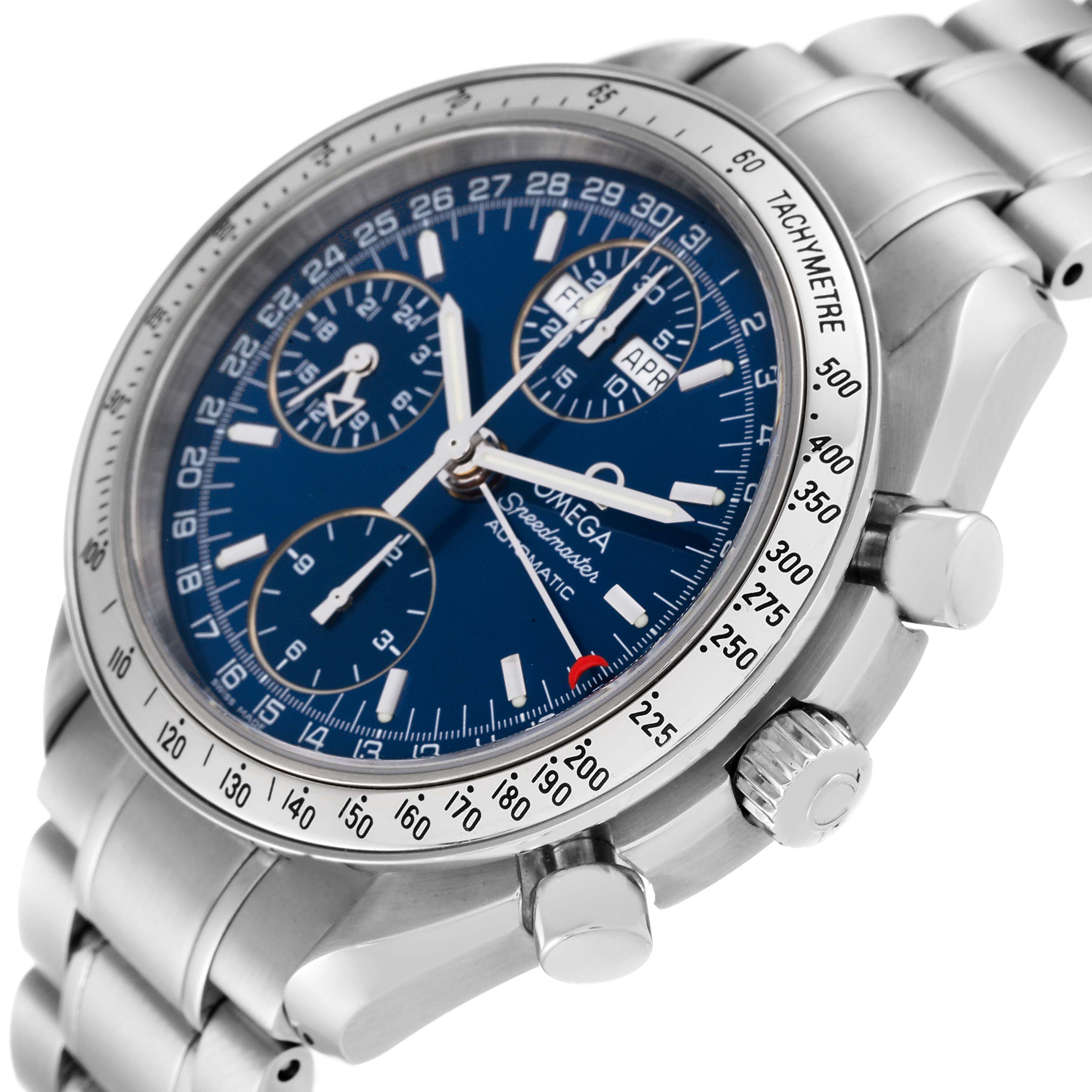 The Omega Speedmaster 3523.80.00 Men's Stainless Steel Blue Dial 3523.80.00 Men's Stainless Steel Blue Dial watch is shown from an oblique angle, highlighting its blue dial, chronograph subdials, tachymeter bezel, and stainless steel bracelet.