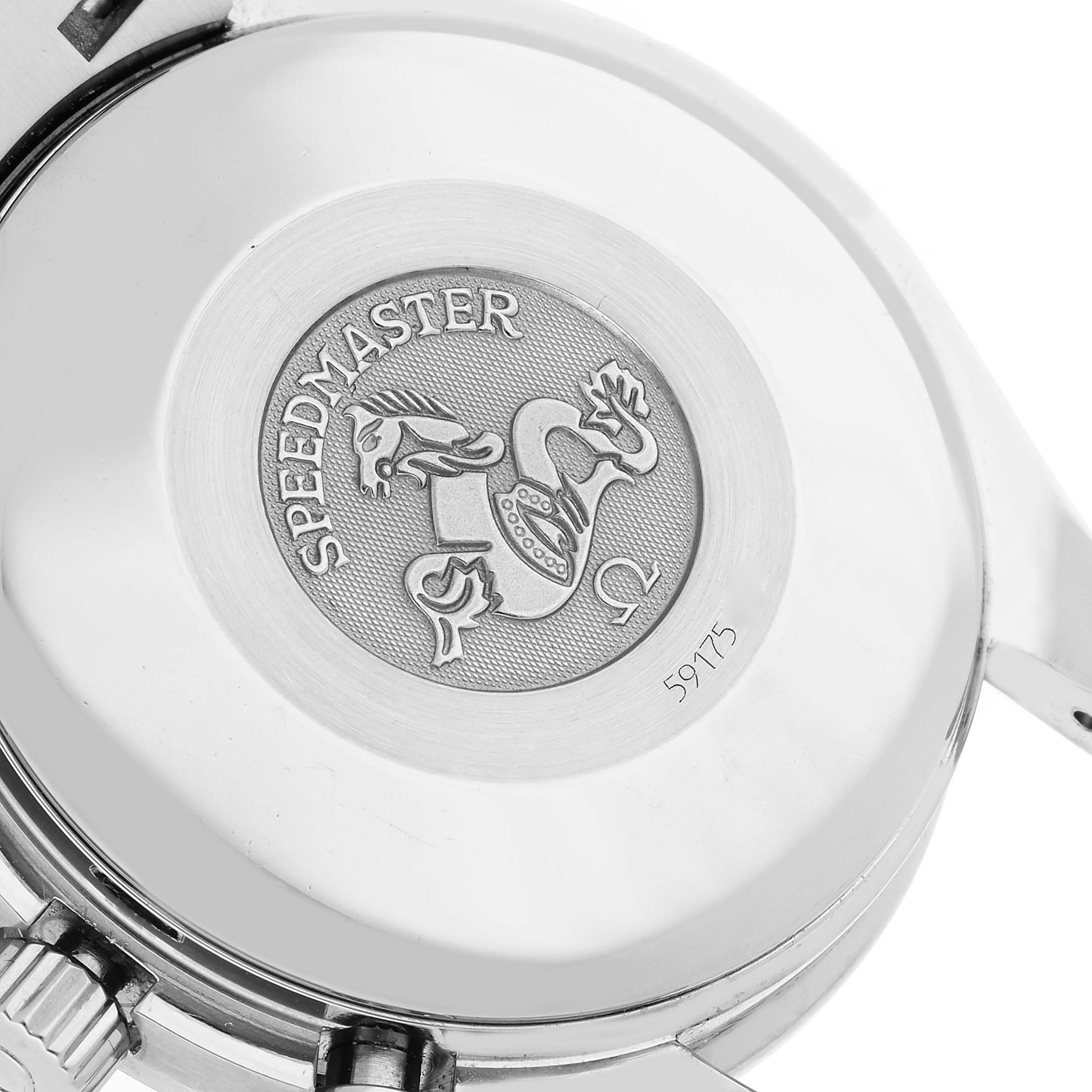 The image shows the backside of an Omega Speedmaster 3523.80.00 Men's Stainless Steel Blue Dial 3523.80.00 Men's Stainless Steel Blue Dial watch, prominently displaying its engraved logo and model information.