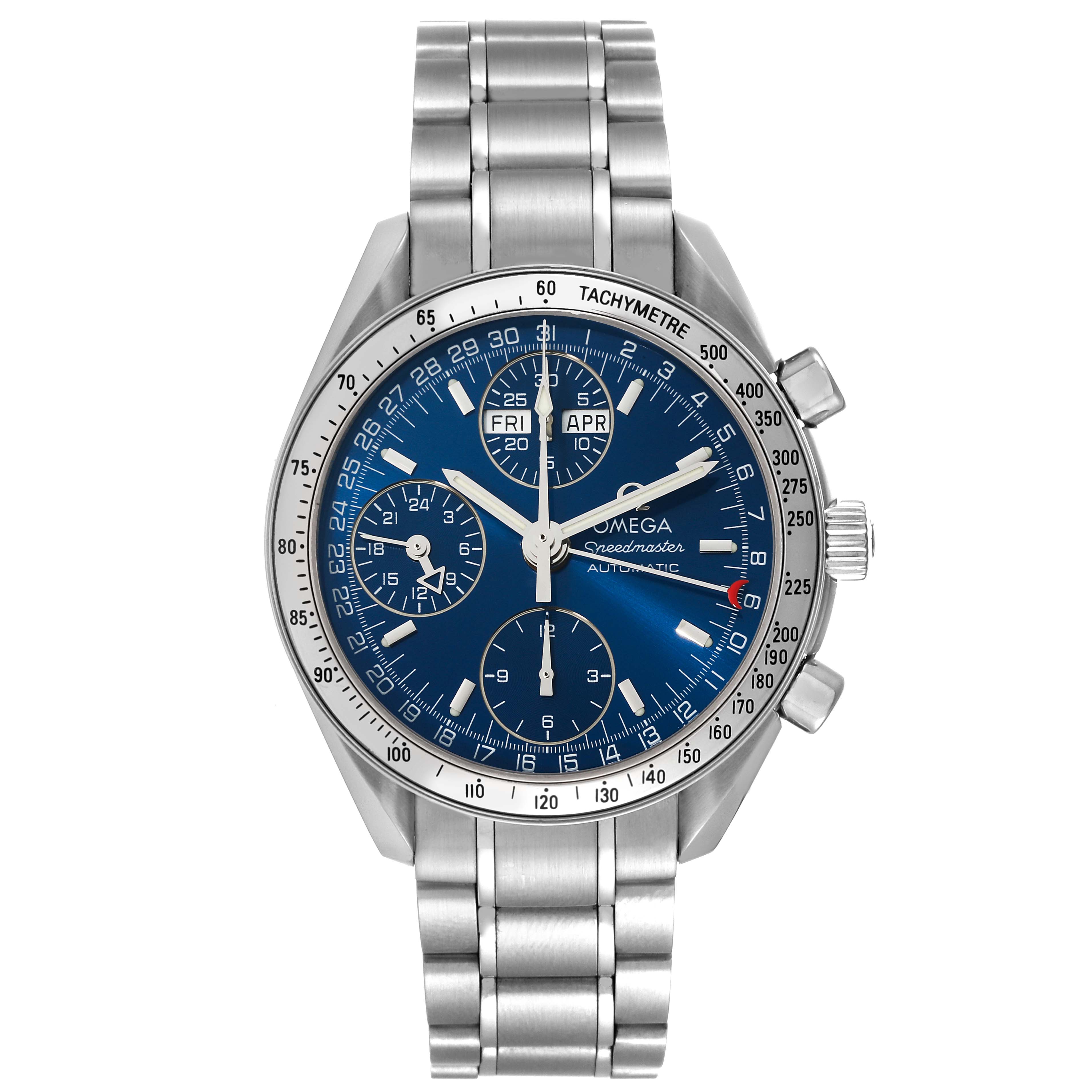 This is a front view of the Omega Speedmaster 3523.80.00 Men's Stainless Steel Blue Dial 3523.80.00 Men's Stainless Steel Blue Dial watch, showing its dial, bezel, and stainless steel bracelet.
