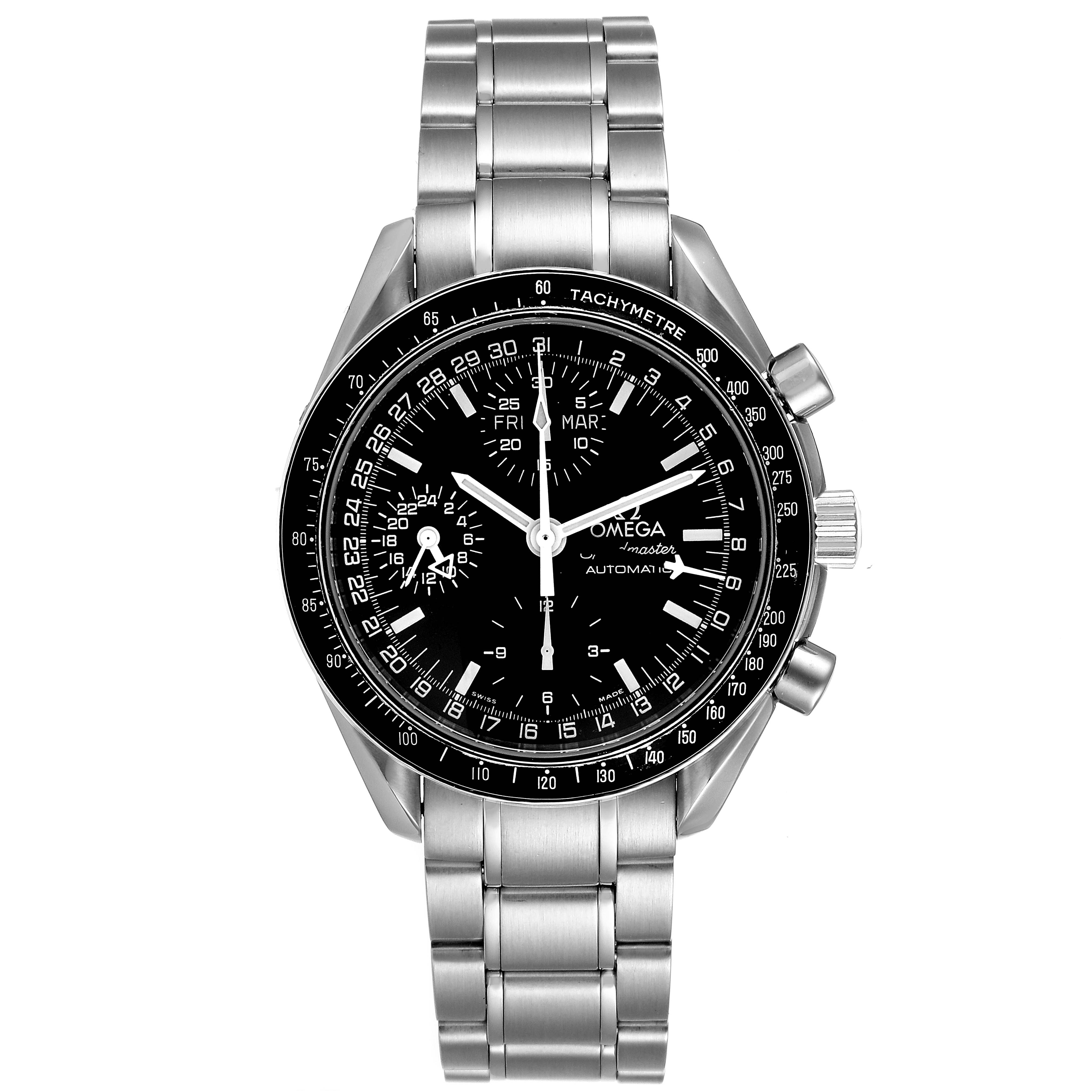 This is an Omega Speedmaster 3520.50.00 Men
s Stainless Steel Black Dial 3520.50.00 Men
s Stainless Steel Black Dial watch shown from the front, displaying the face, bezel, crown, pushers, and bracelet.