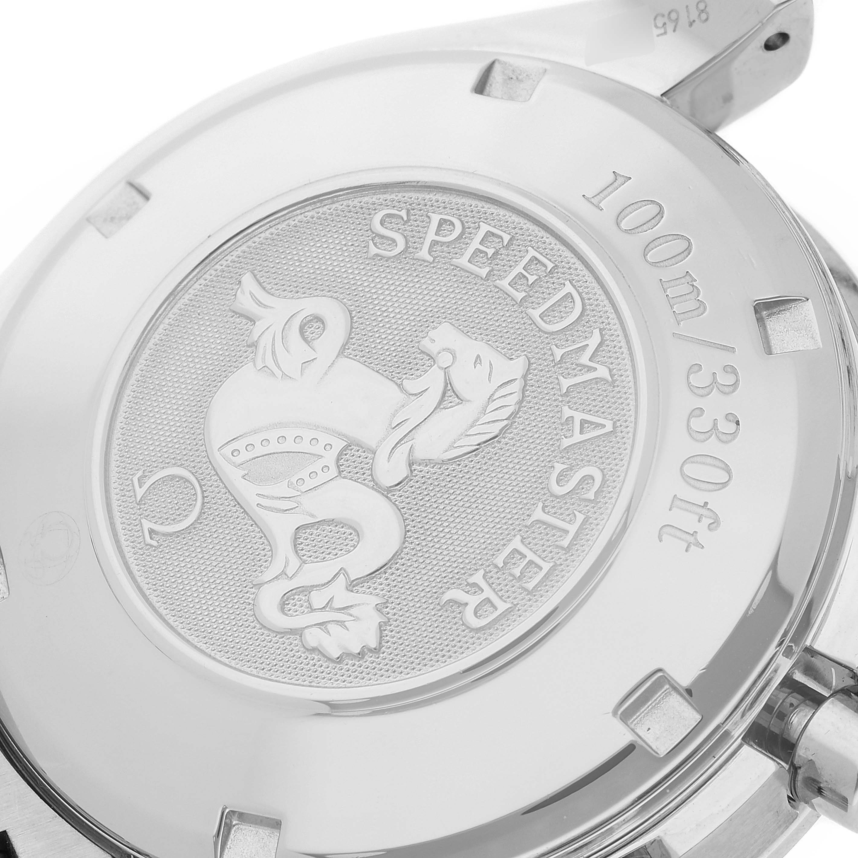 The image shows the back case of the Omega Speedmaster 3220.50.00 Men's Stainless Steel Black Dial 3220.50.00 Men's Stainless Steel Black Dial watch, highlighting the engraved logo and water resistance information.