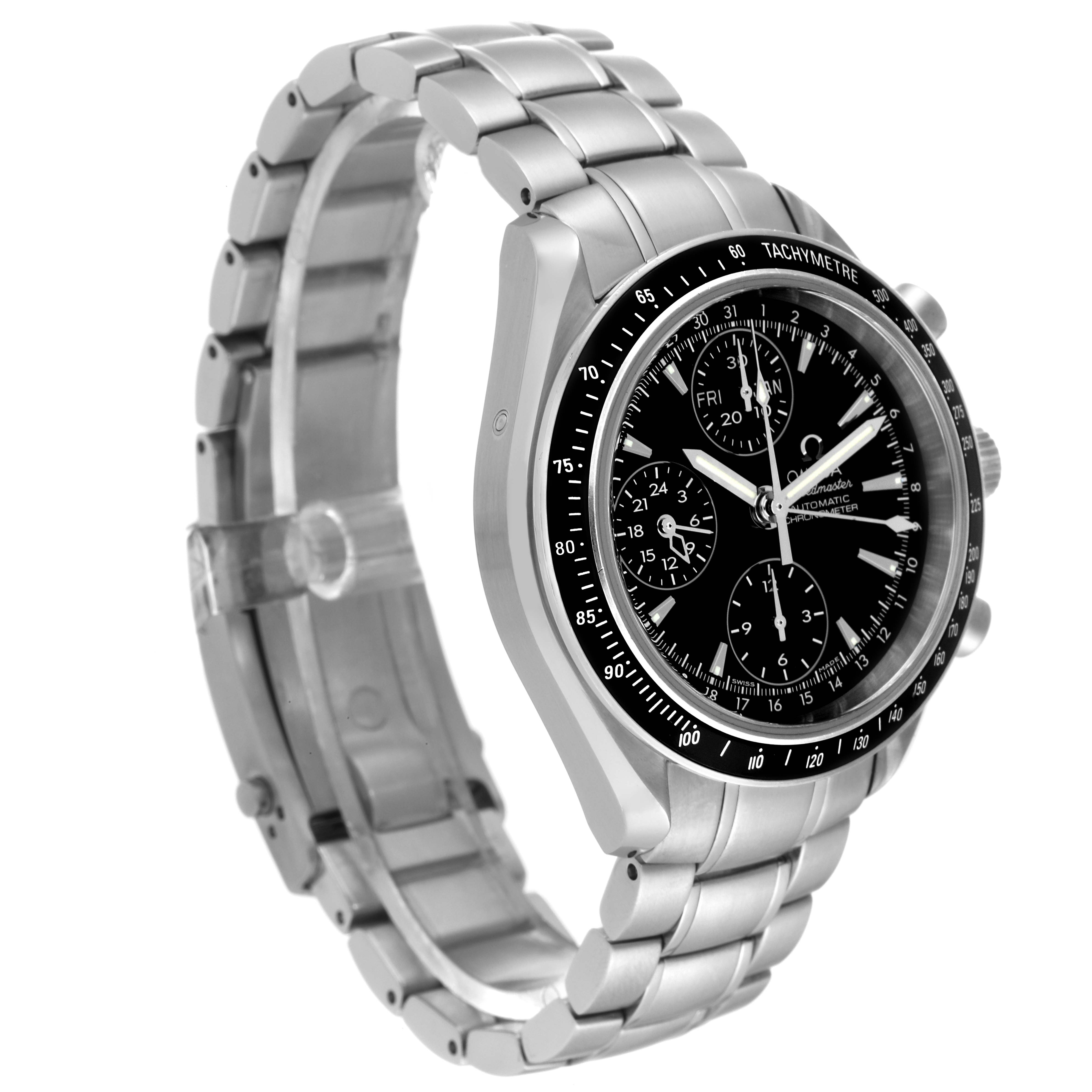 This image shows an Omega Speedmaster 3220.50.00 Men's Stainless Steel Black Dial 3220.50.00 Men's Stainless Steel Black Dial watch at a three-quarter angle, highlighting its dial, bezel, and stainless steel bracelet.