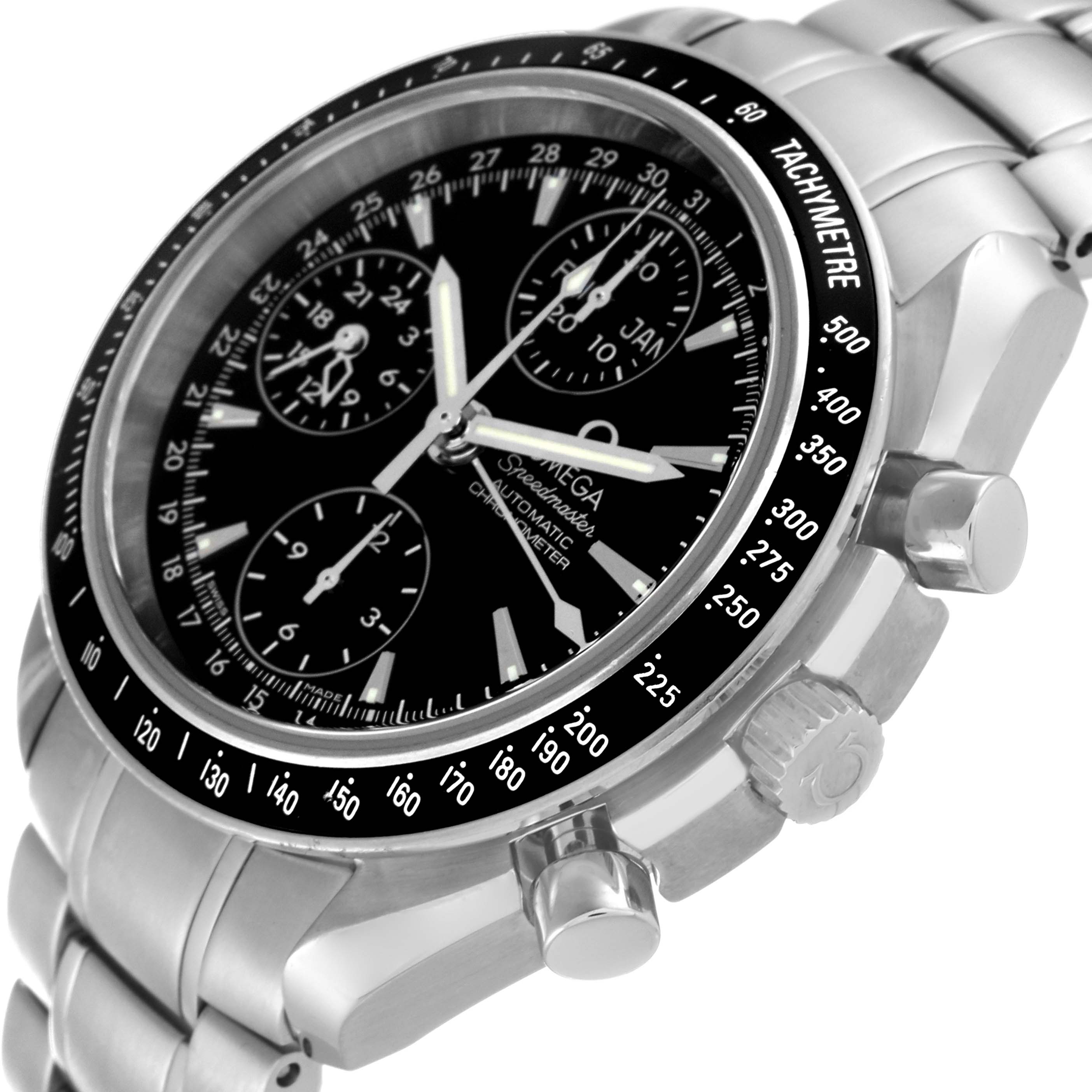 The image shows an angled view of the Omega Speedmaster 3220.50.00 Men's Stainless Steel Black Dial 3220.50.00 Men's Stainless Steel Black Dial watch, highlighting its face, tachymeter bezel, crown, and push-buttons.