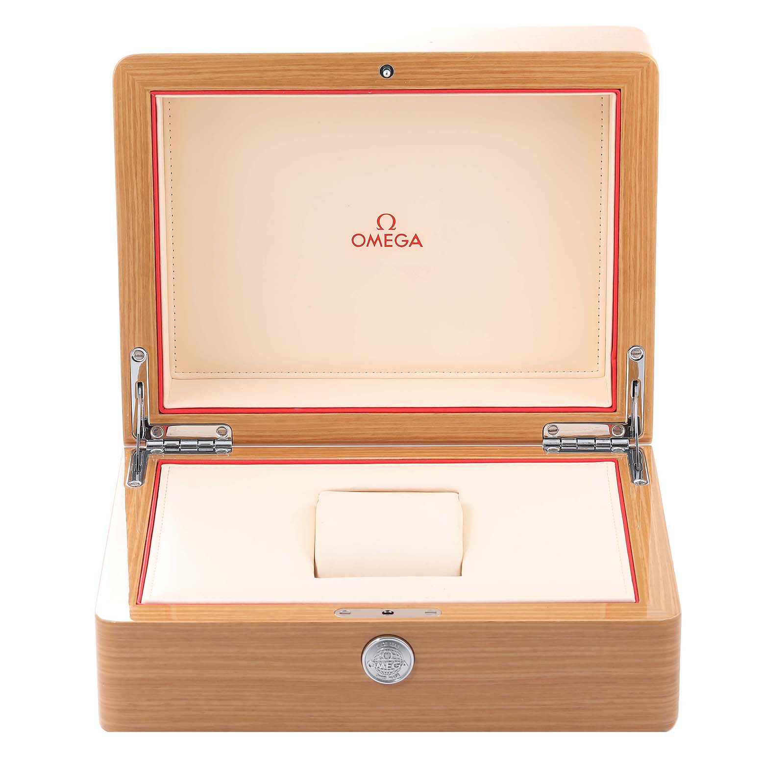 The image shows an open presentation box for an Omega Speedmaster 3220.50.00 Men's Stainless Steel Black Dial 3220.50.00 Men's Stainless Steel Black Dial watch, viewed from the front.