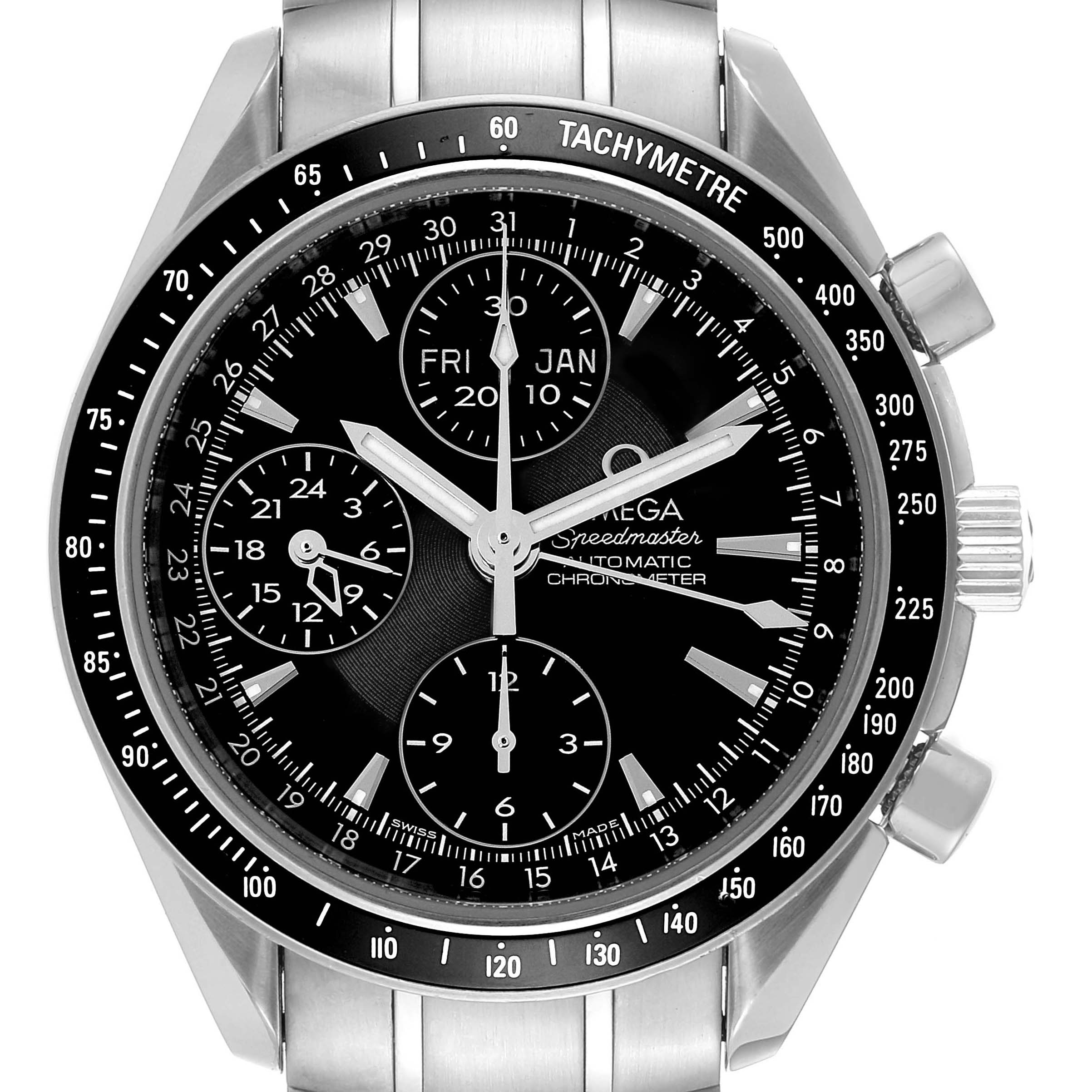 The image shows a front view of an Omega Speedmaster 3220.50.00 Men's Stainless Steel Black Dial 3220.50.00 Men's Stainless Steel Black Dial watch, highlighting its face, bezel, and bracelet.