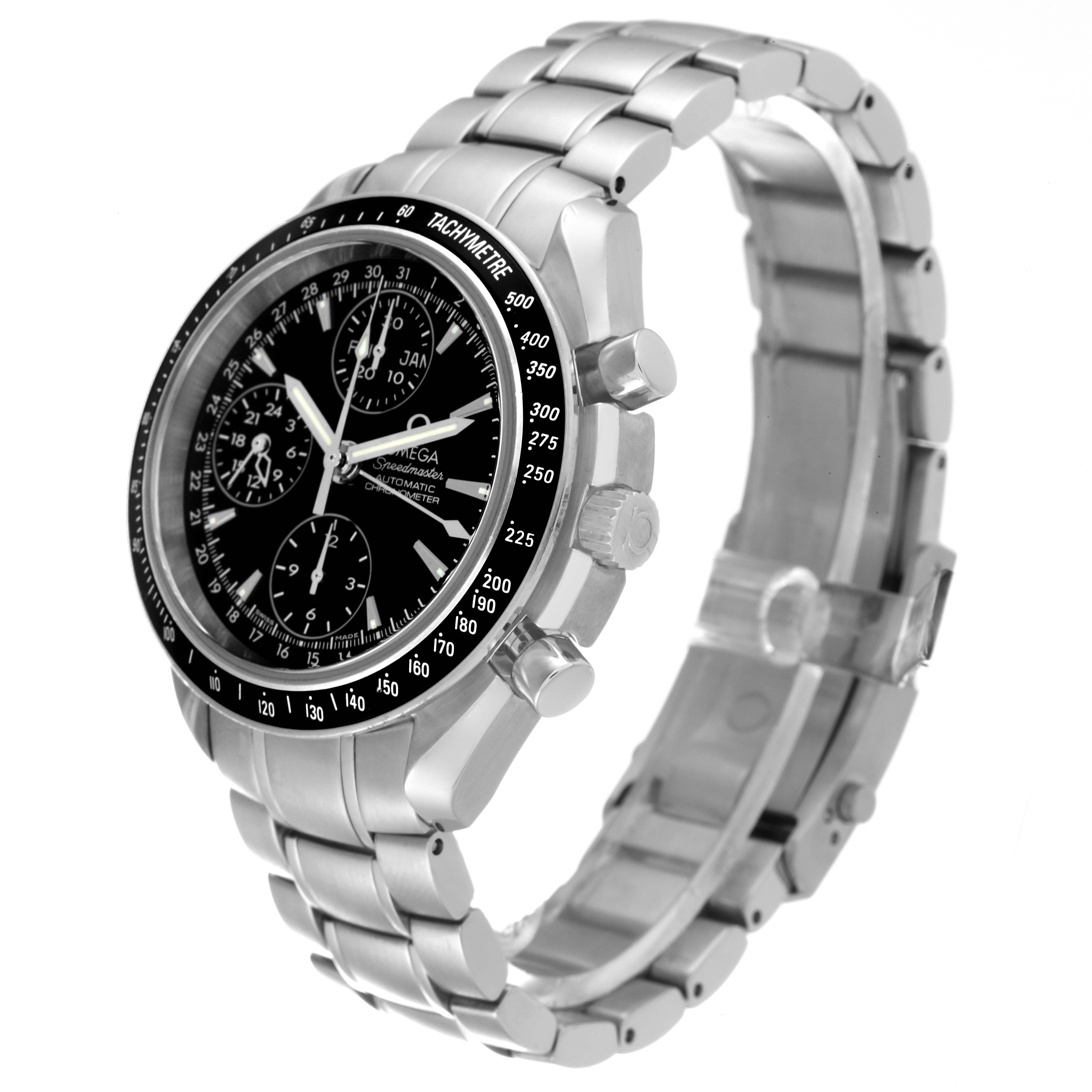 The Omega Speedmaster 3220.50.00 Men's Stainless Steel Black Dial 3220.50.00 Men's Stainless Steel Black Dial watch is shown at a three-quarter angle, displaying its face, bezel, and metal bracelet.
