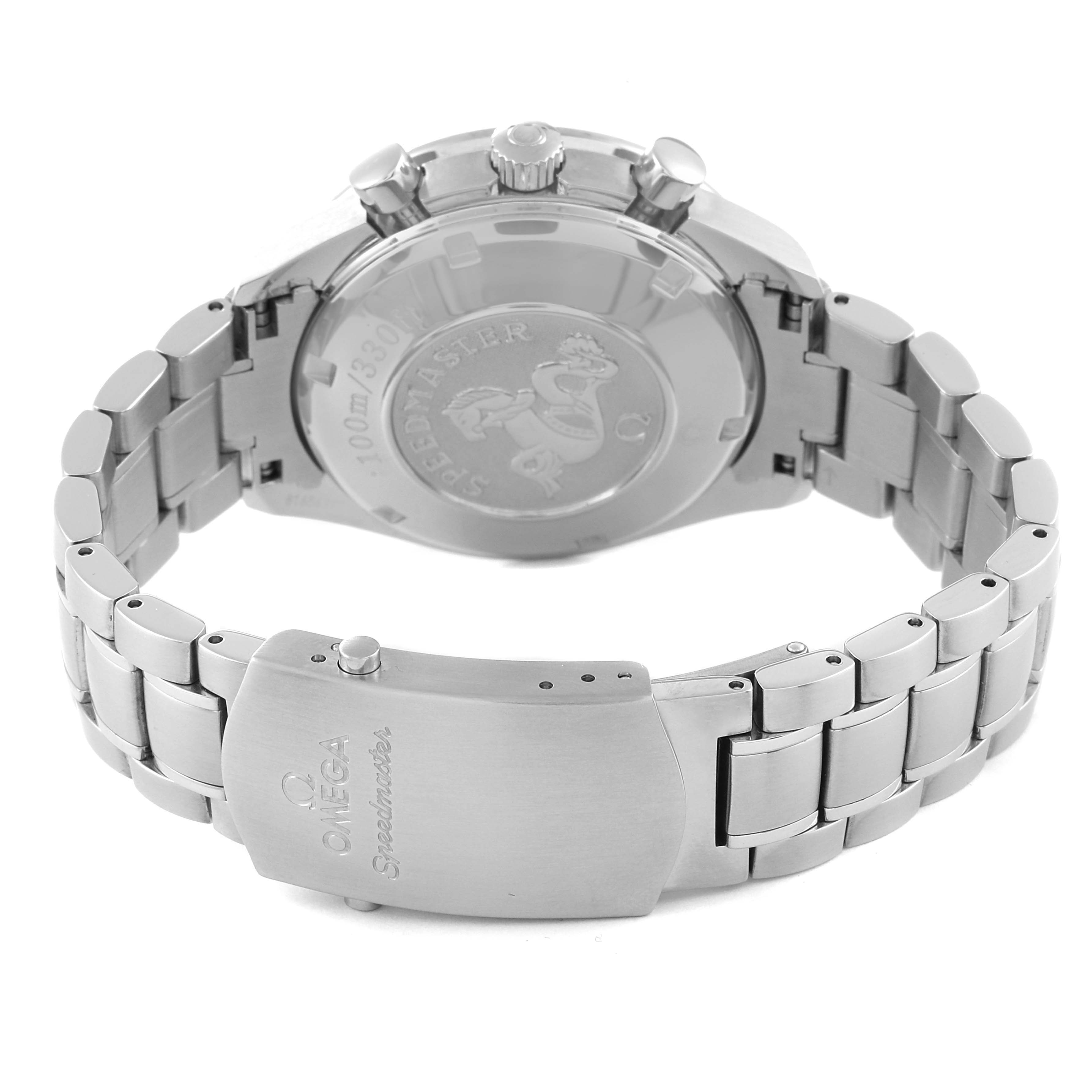 This image shows the back view of an Omega Speedmaster 3220.50.00 Men's Stainless Steel Black Dial 3220.50.00 Men's Stainless Steel Black Dial watch focusing on the case back, clasp, and bracelet.