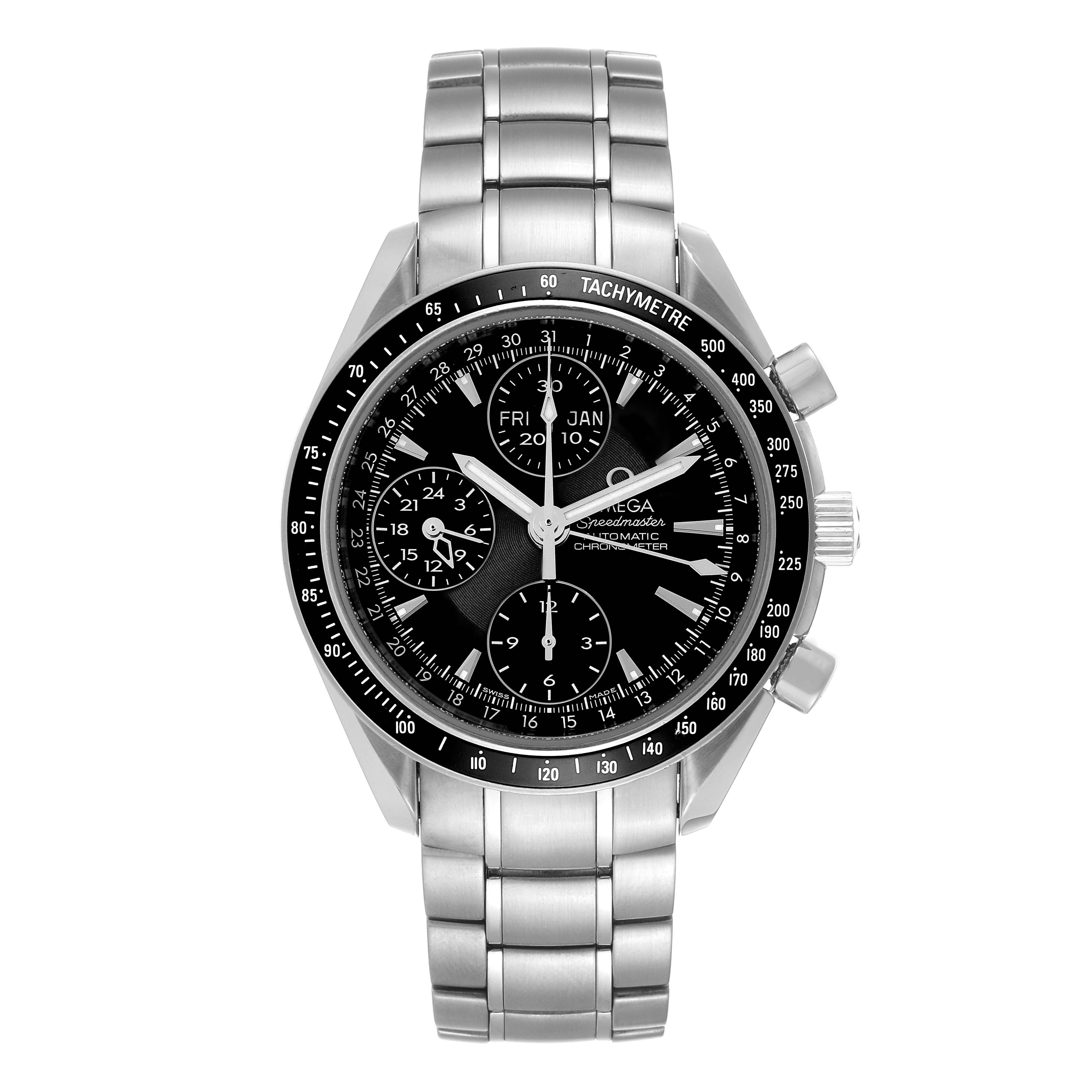 The image shows a front view of an Omega Speedmaster 3220.50.00 Men's Stainless Steel Black Dial 3220.50.00 Men's Stainless Steel Black Dial watch, displaying the dial, bezel, pushers, and metal bracelet.