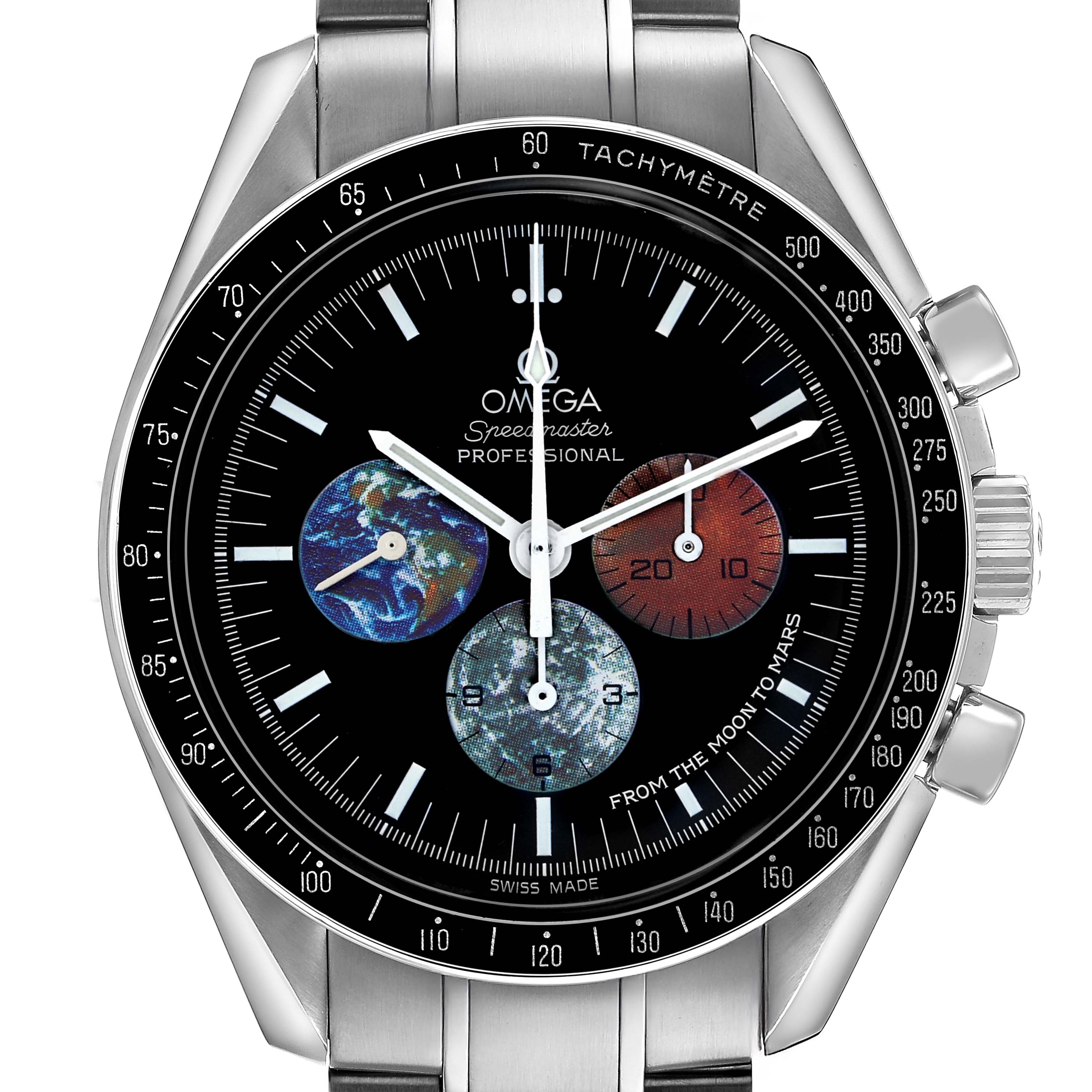 The Omega Speedmaster 3577.50.00 Men's Stainless Steel Black Dial watch is shown from a front angle, highlighting the dial, bezel, and part of the bracelet.