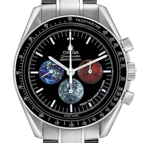 The Omega Speedmaster 3577.50.00 Men's Stainless Steel Black Dial watch is shown from a front angle, highlighting the dial, subdials, and tachymeter on the bezel.