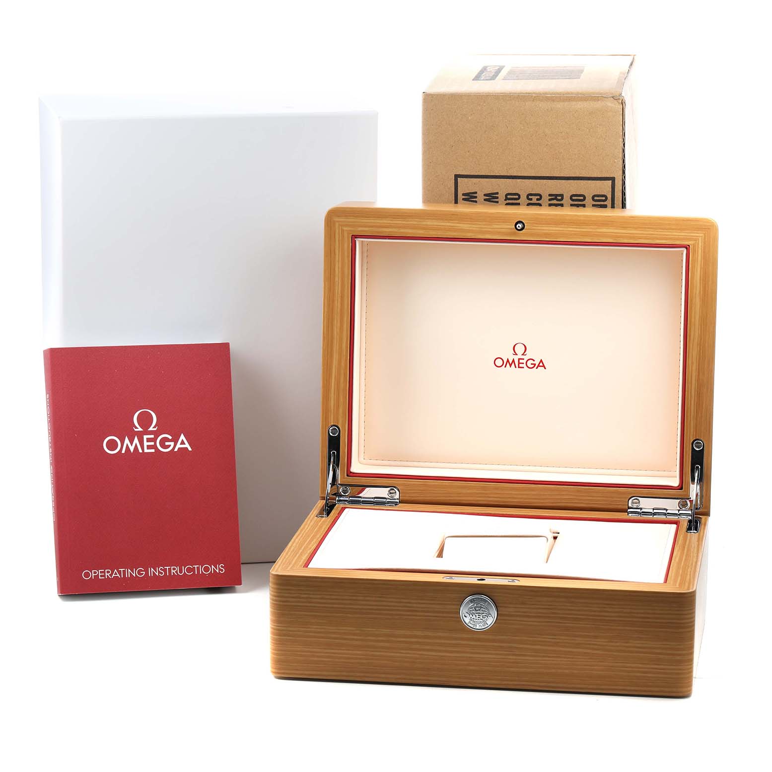 The image shows an open Omega Speedmaster 3577.50.00 Men's Stainless Steel Black Dial watch box and operating instructions, viewed from the front.