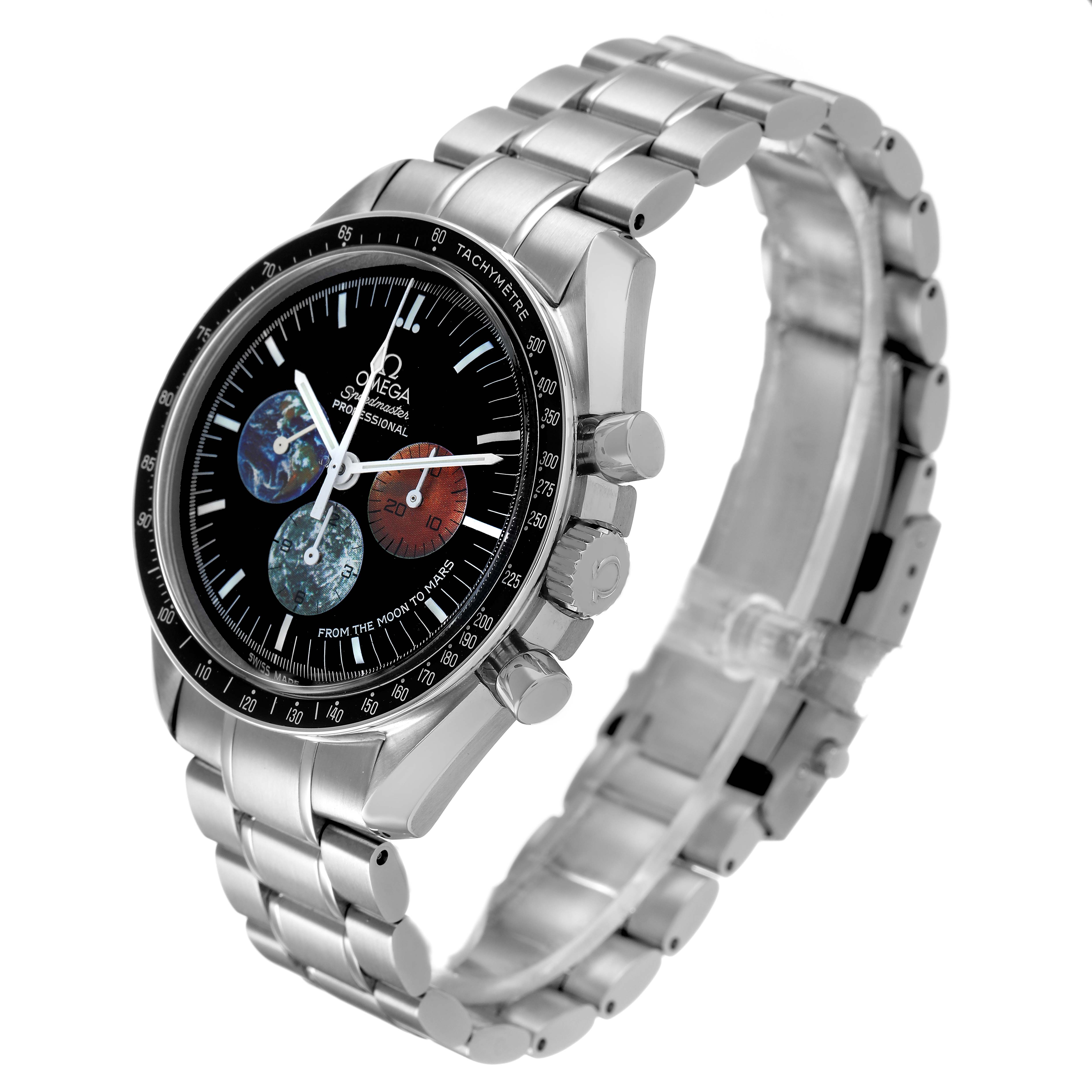 The Omega Speedmaster 3577.50.00 Men's Stainless Steel Black Dial watch is shown at a slight angle, highlighting the face, bezel, crown, and bracelet links.