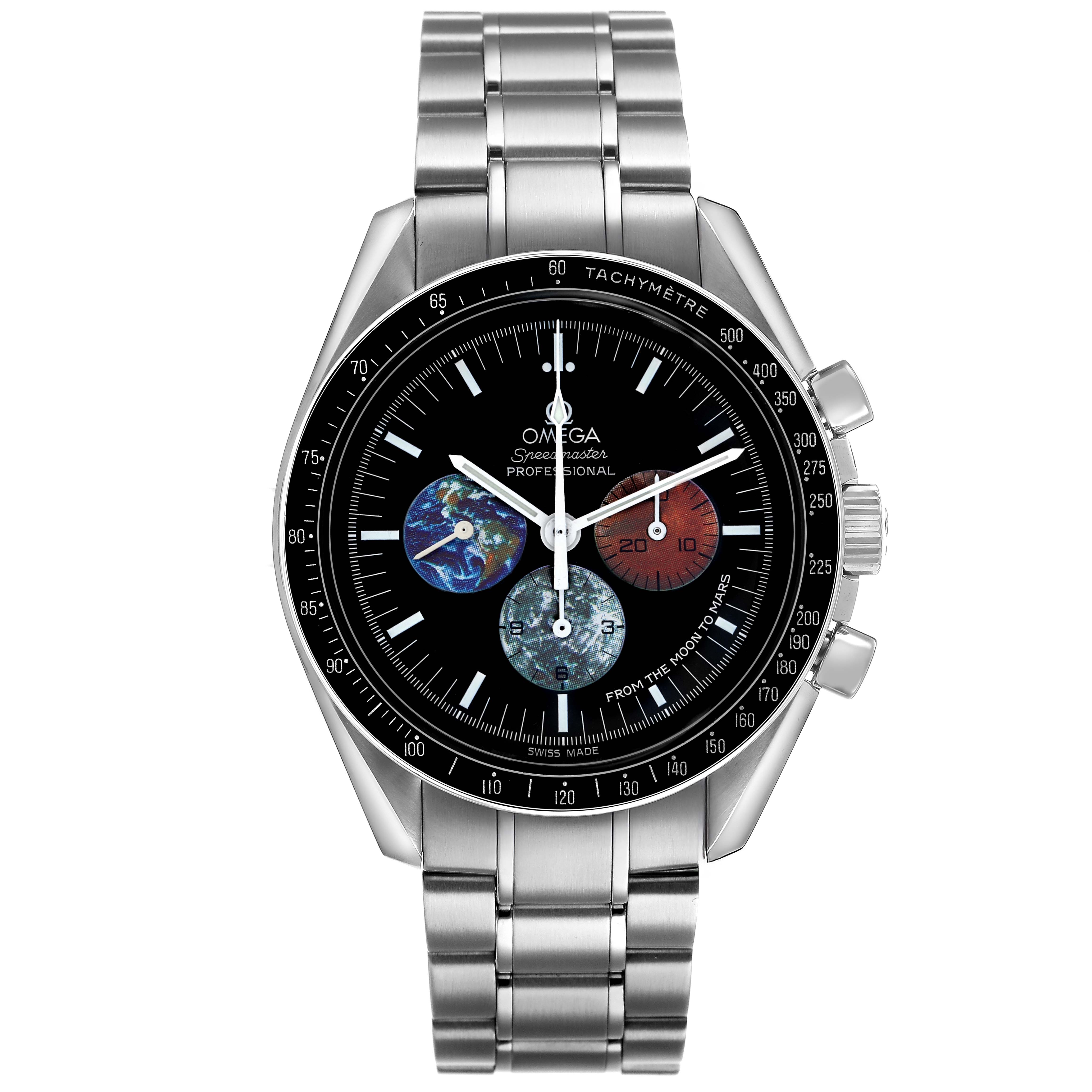 The Omega Speedmaster 3577.50.00 Men's Stainless Steel Black Dial watch is shown from a front angle, displaying the bracelet, tachymeter bezel, and dial with subdials.