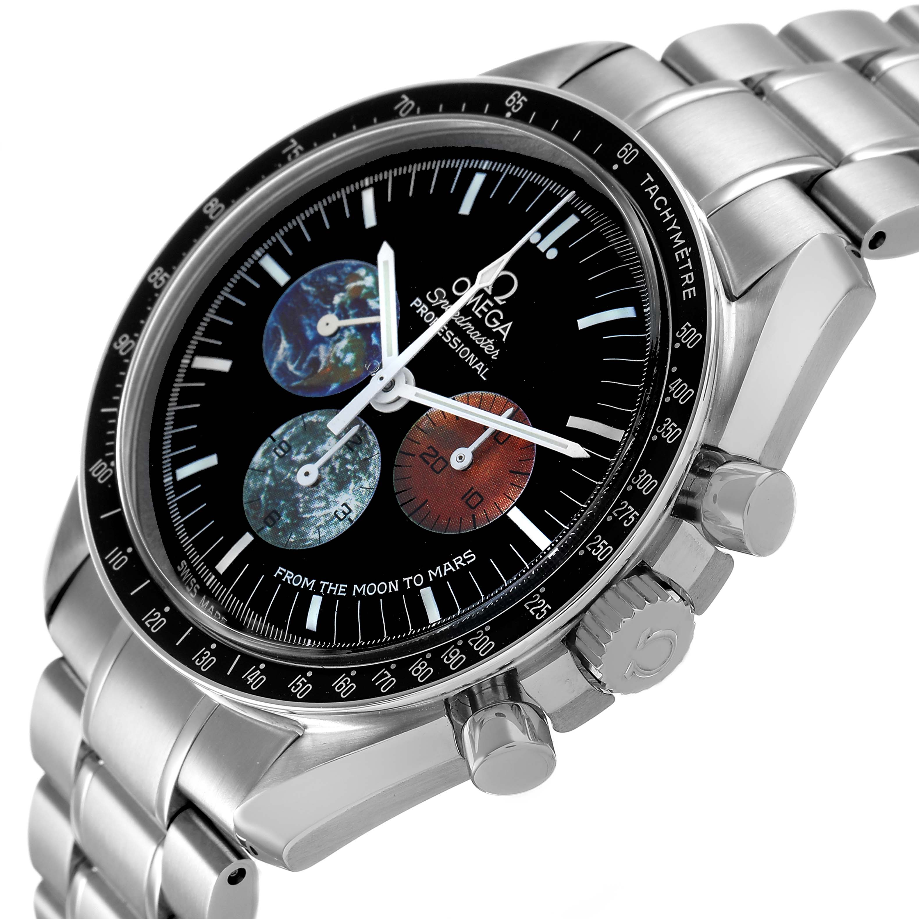 The Omega Speedmaster 3577.50.00 Men's Stainless Steel Black Dial is shown from a three-quarter angle, highlighting its dial, bezel, crown, and stainless steel bracelet.