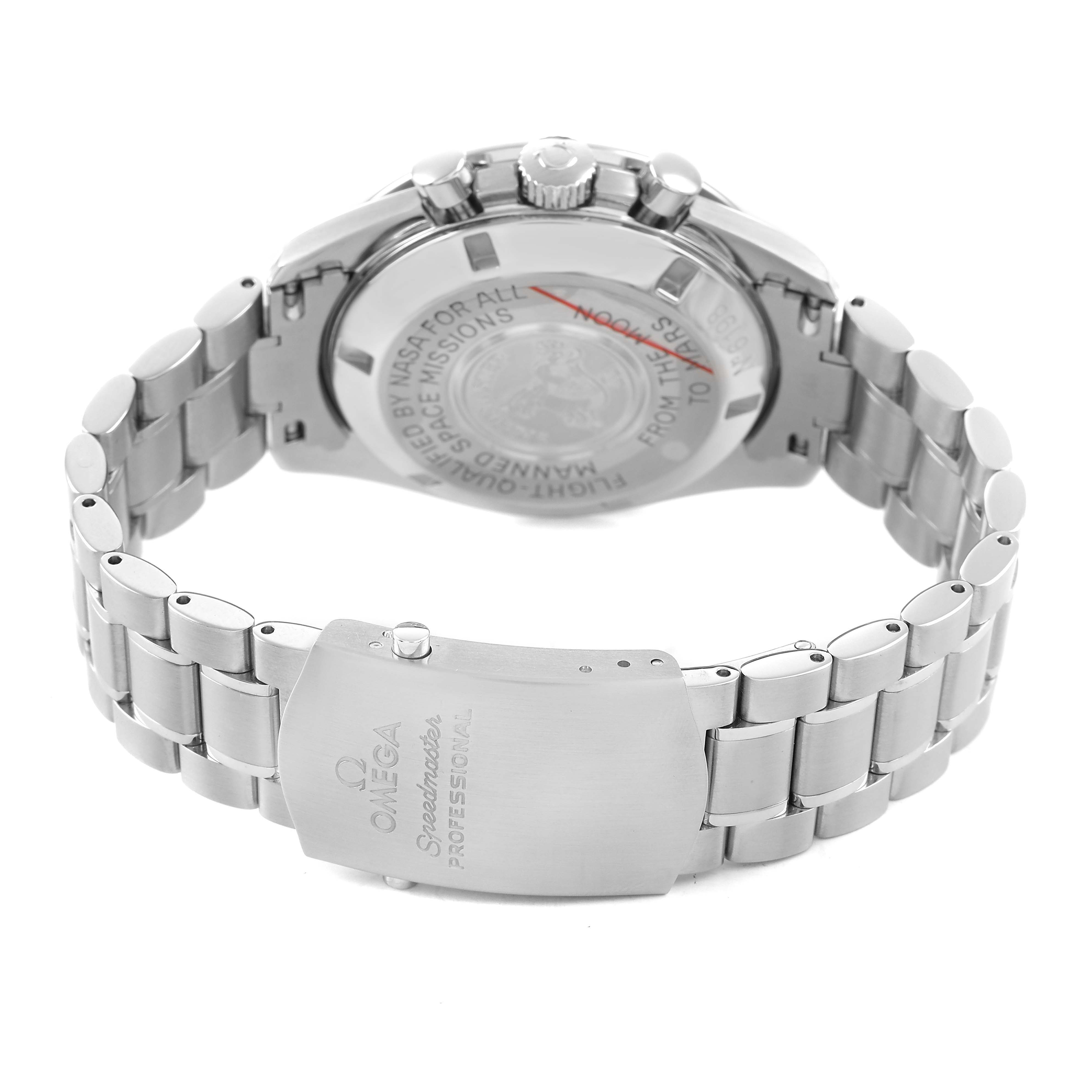 This image shows the back view of an Omega Speedmaster 3577.50.00 Men's Stainless Steel Black Dial, focusing on the clasp and case back with the bracelet.