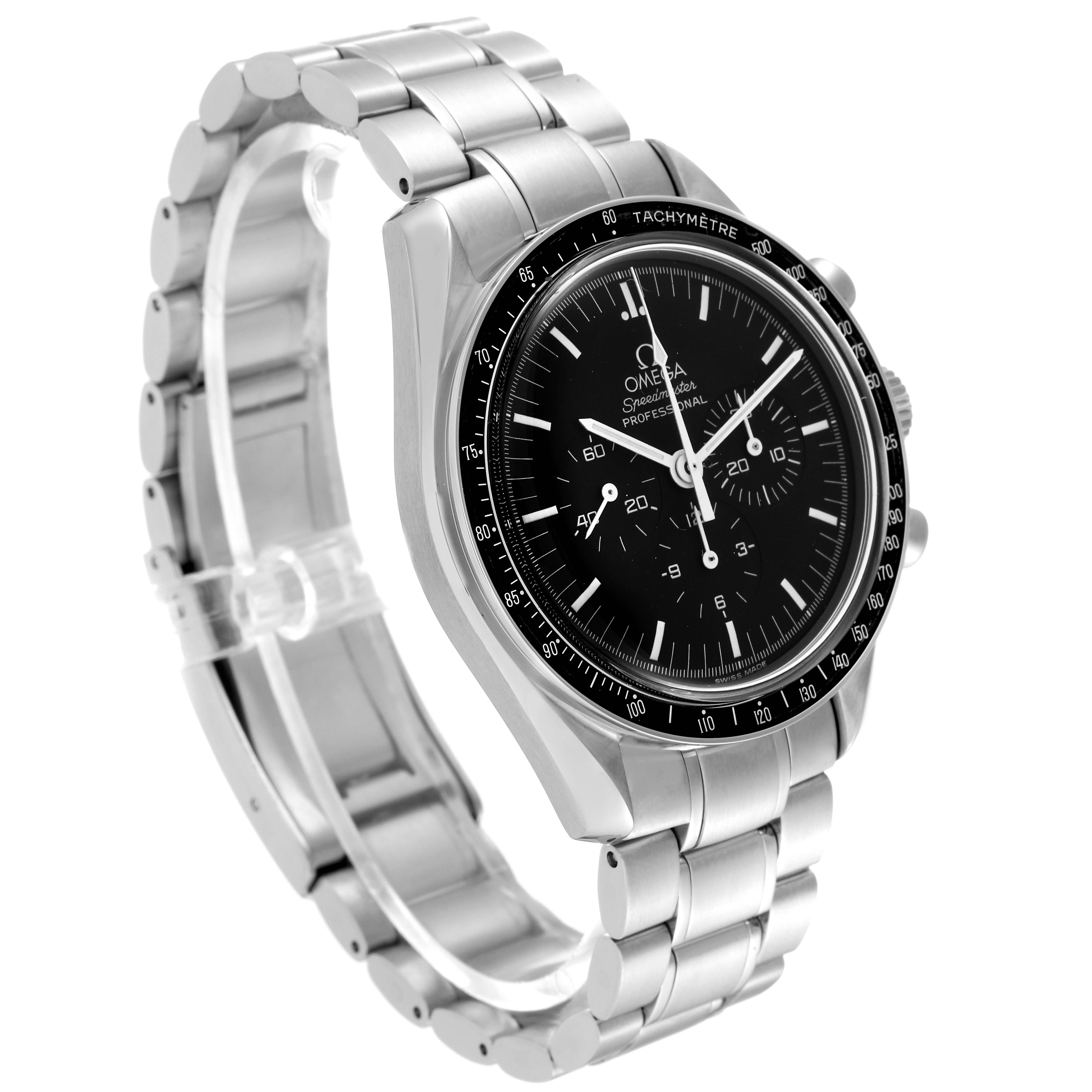The image shows an angled shot of an Omega Speedmaster 3572.50.00 Men
s Stainless Steel Black Dial 3572.50.00 Men
s Stainless Steel Black Dial watch, highlighting the face, bezel, and bracelet.