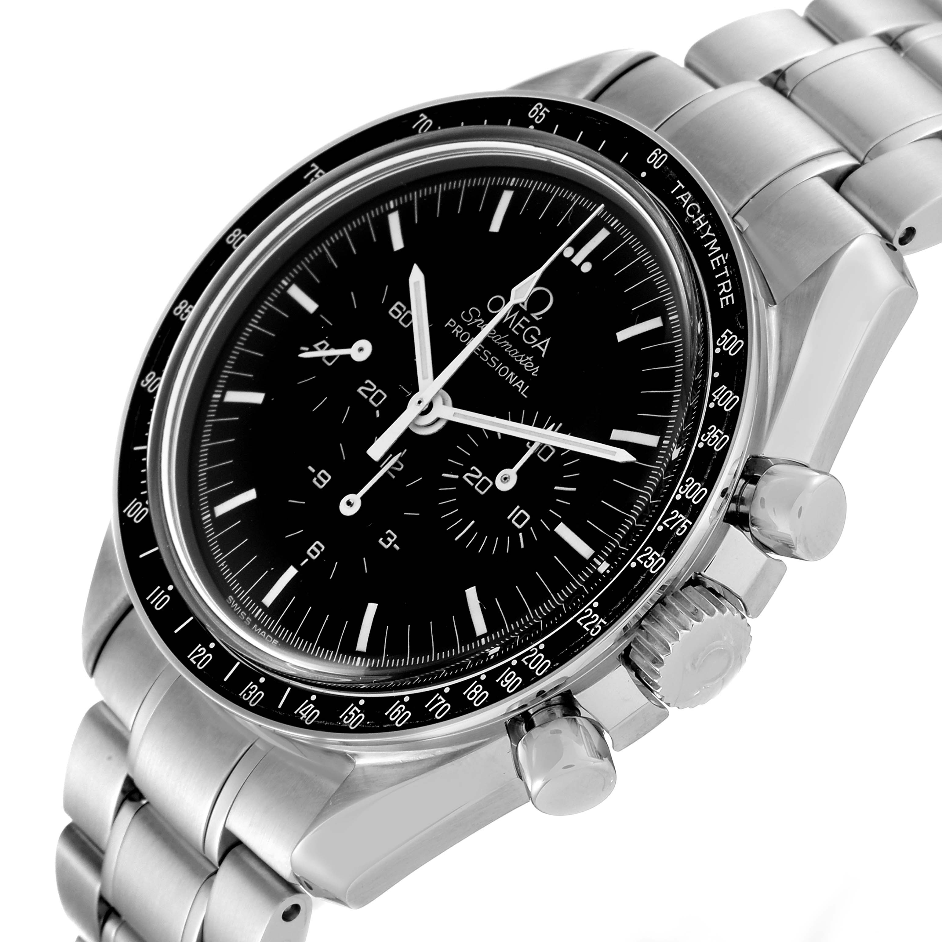 The image shows an angled view of an Omega Speedmaster 3572.50.00 Men
s Stainless Steel Black Dial 3572.50.00 Men
s Stainless Steel Black Dial watch, highlighting its dial, bezel, crown, and bracelet.