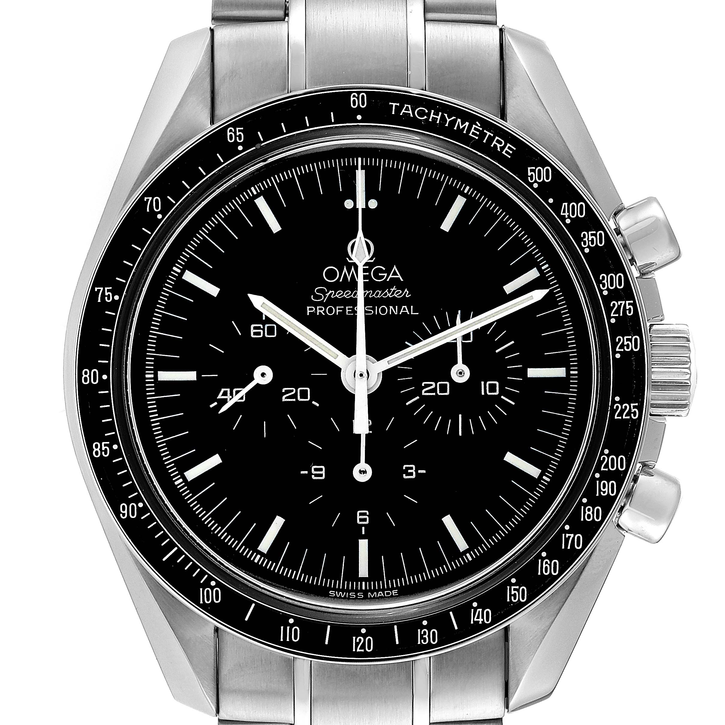 This image shows the front view of the Omega Speedmaster 3572.50.00 Men
s Stainless Steel Black Dial 3572.50.00 Men
s Stainless Steel Black Dial watch, displaying the dial, tachymeter bezel, and stainless steel bracelet.