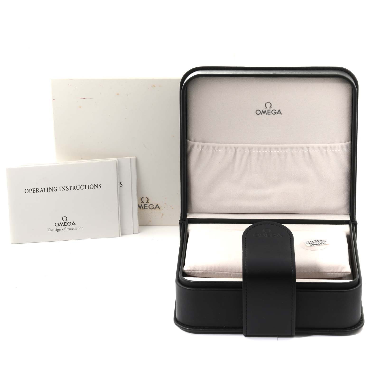 The image shows an open box, operating instructions, and warranty card for an Omega Speedmaster 3572.50.00 Men
s Stainless Steel Black Dial 3572.50.00 Men
s Stainless Steel Black Dial watch.