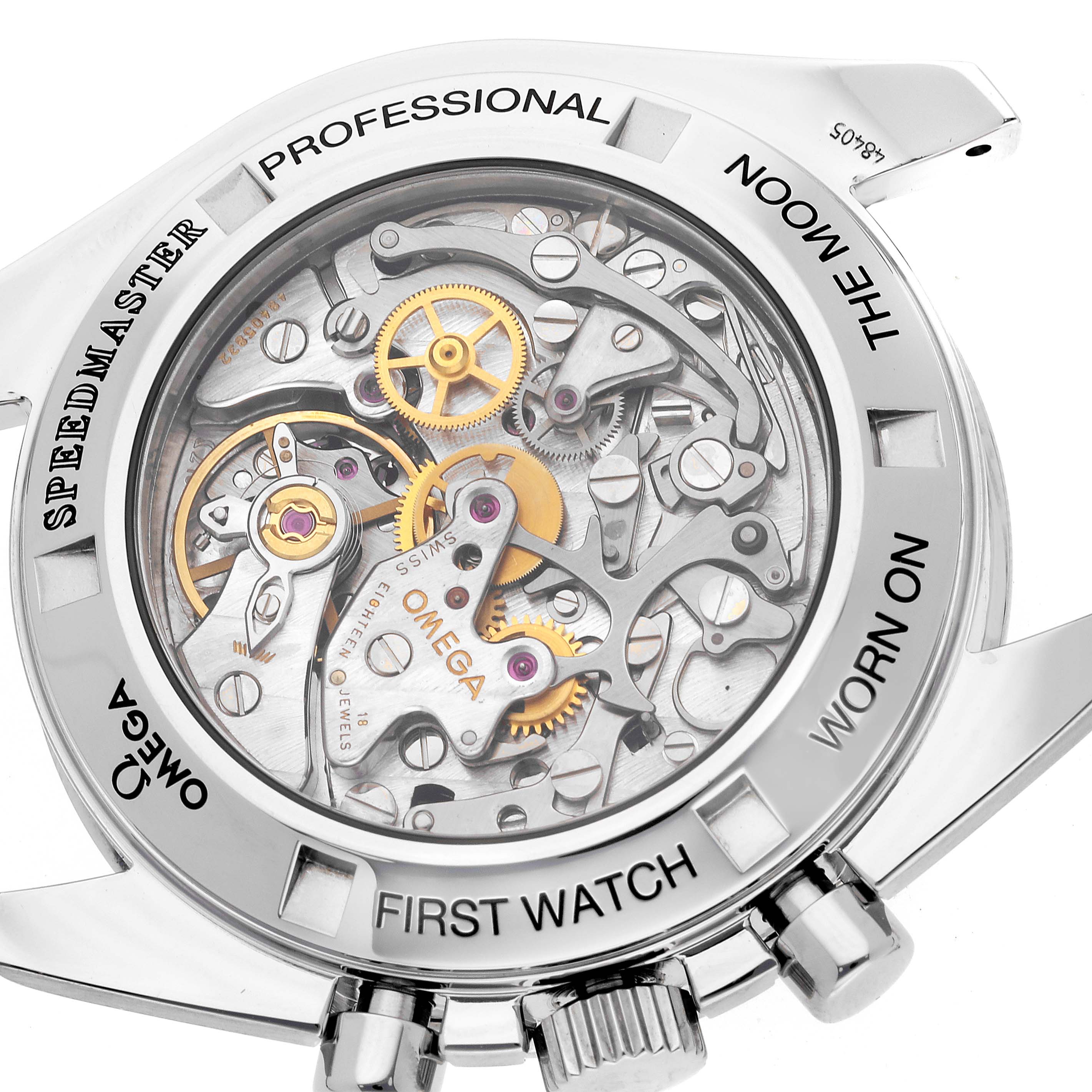 The image shows the case back of the Omega Speedmaster 3572.50.00 Men
s Stainless Steel Black Dial 3572.50.00 Men
s Stainless Steel Black Dial, revealing its intricate mechanical movement.