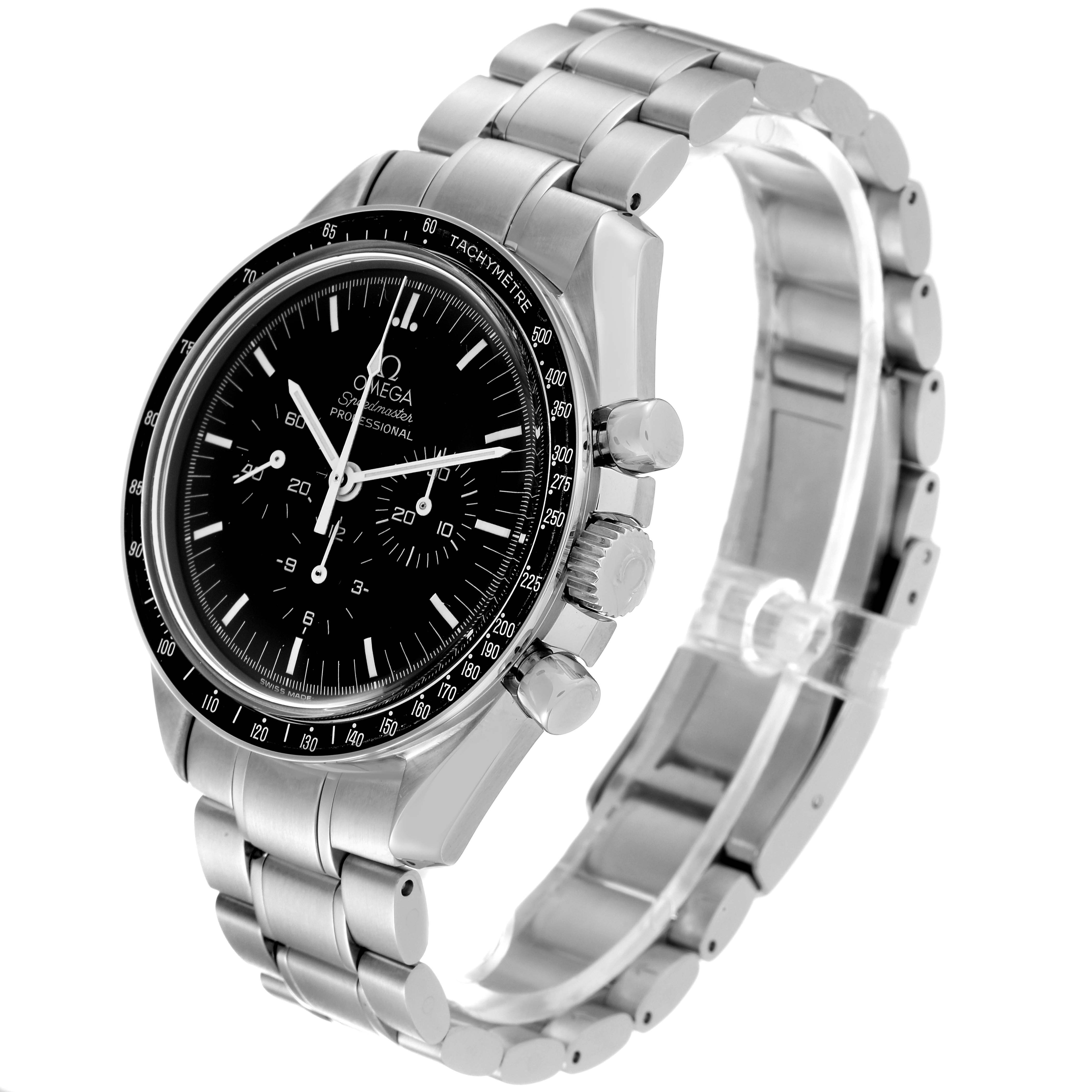 The Omega Speedmaster 3572.50.00 Men
s Stainless Steel Black Dial 3572.50.00 Men
s Stainless Steel Black Dial watch is shown from a front angle, displaying its dial, tachymeter bezel, and stainless steel bracelet.