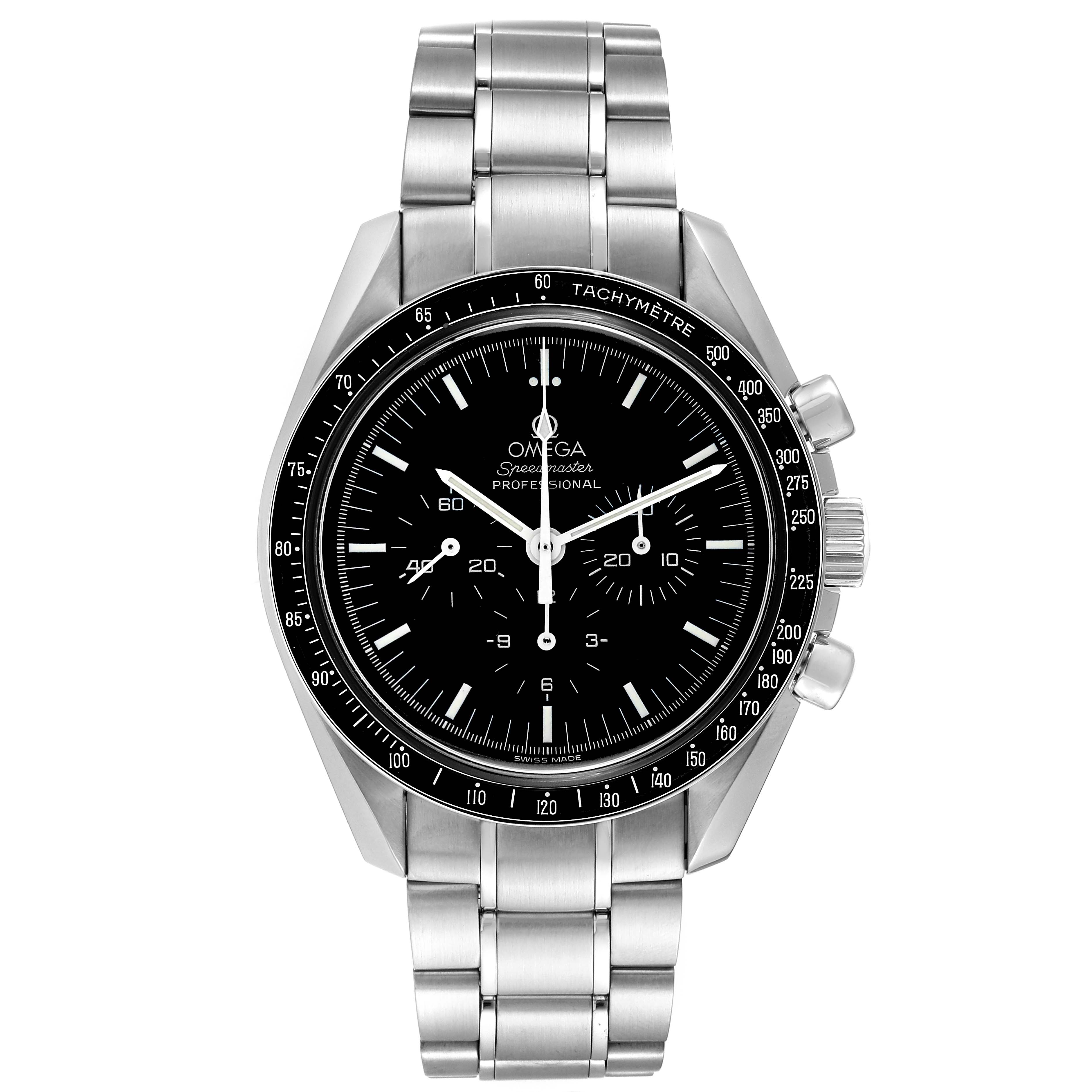 This image shows a frontal view of the Omega Speedmaster 3572.50.00 Men
s Stainless Steel Black Dial 3572.50.00 Men
s Stainless Steel Black Dial watch, showcasing the face, bezel, and bracelet.