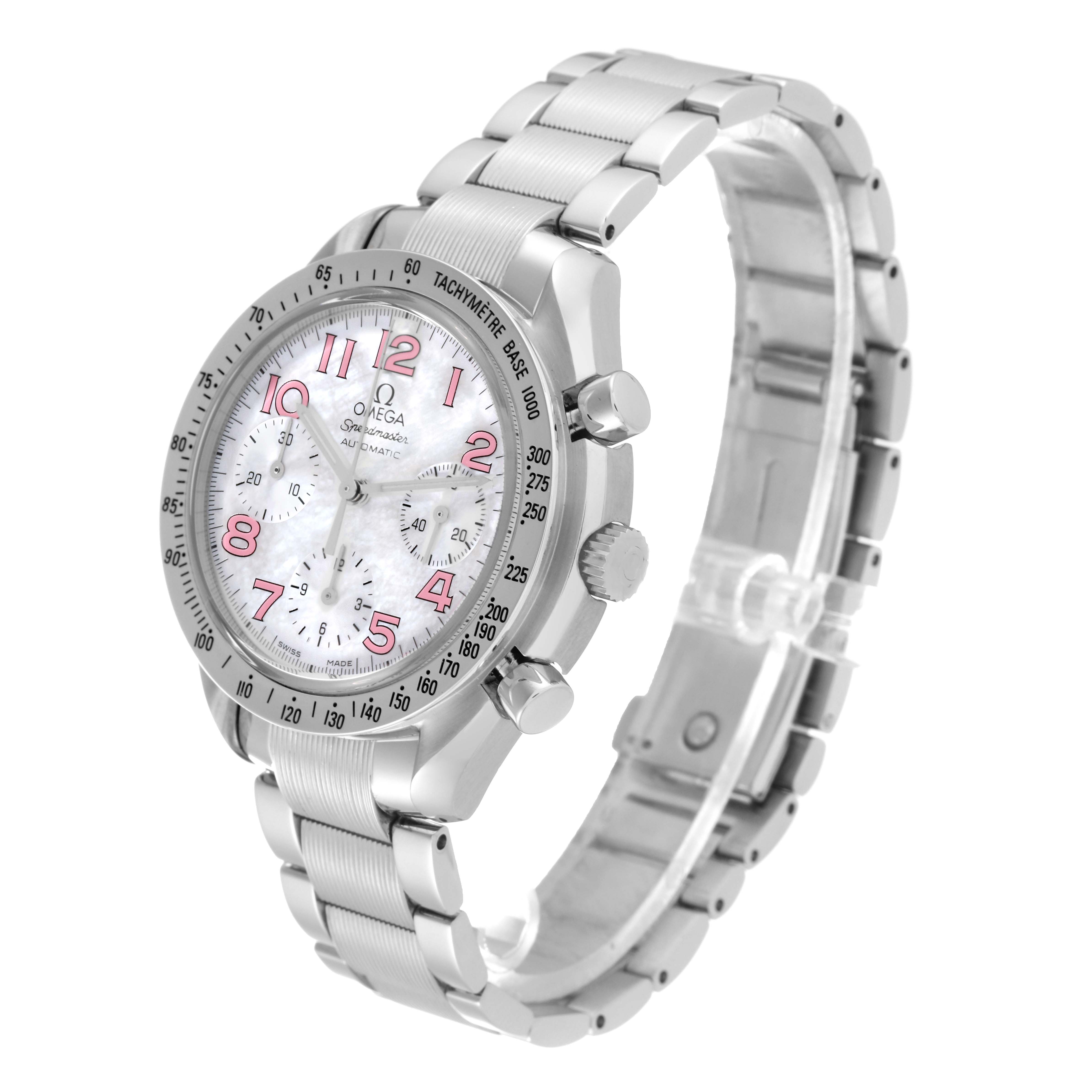 The image shows a side and angled view of an Omega Speedmaster 3534.74.00 Men's Stainless Steel Mother of Pearl Dial 3534.74.00 Men's Stainless Steel Mother of Pearl Dial watch, highlighting its bezel, dial, crown, chronograph pushers, and bracelet.
