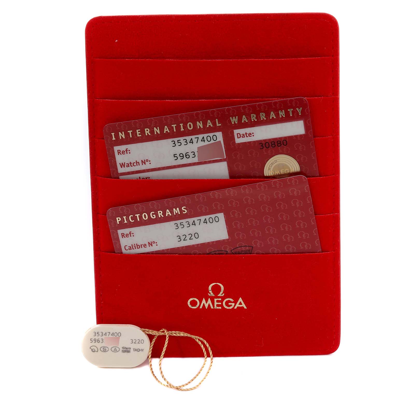 The image shows warranty cards and tags for an Omega Speedmaster 3534.74.00 Men's Stainless Steel Mother of Pearl Dial 3534.74.00 Men's Stainless Steel Mother of Pearl Dial watch, displayed in a red Omega cardholder.