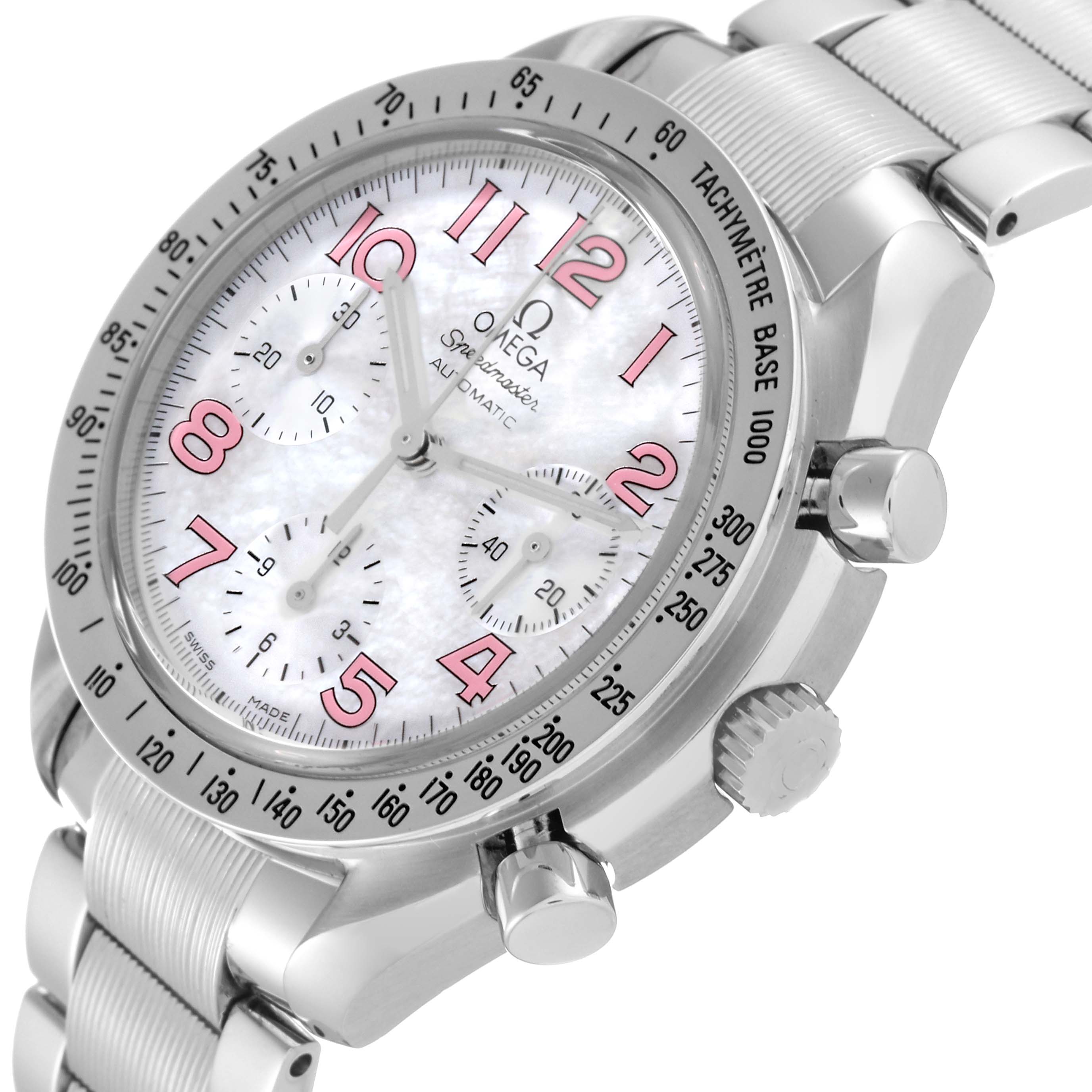 The image shows an angled close-up of the Omega Speedmaster 3534.74.00 Men's Stainless Steel Mother of Pearl Dial 3534.74.00 Men's Stainless Steel Mother of Pearl Dial watch, highlighting its dial, tachymeter bezel, crown, and pushers.