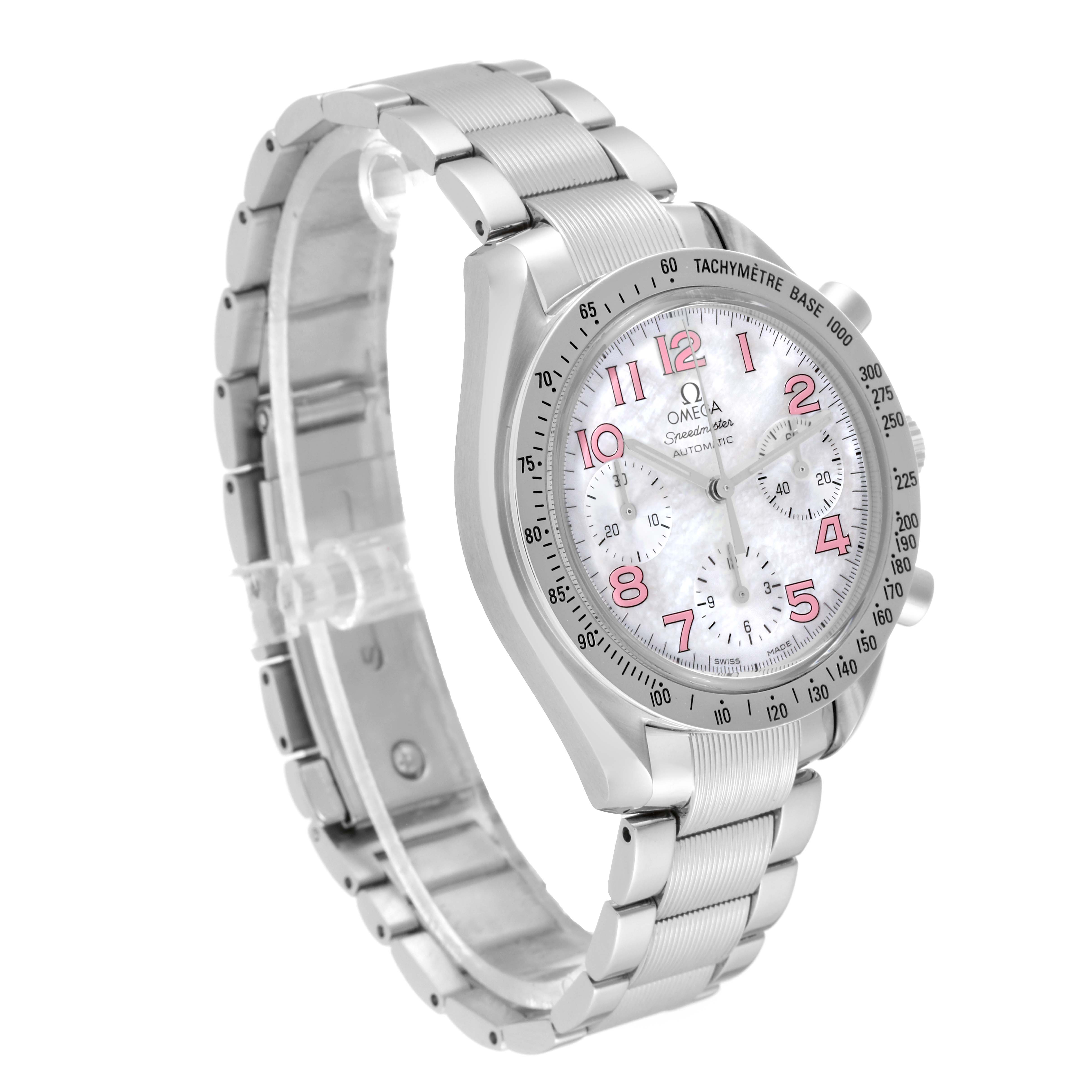 This image shows the Omega Speedmaster 3534.74.00 Men's Stainless Steel Mother of Pearl Dial 3534.74.00 Men's Stainless Steel Mother of Pearl Dial watch from a three-quarter angle, featuring the face, bezel, and bracelet.