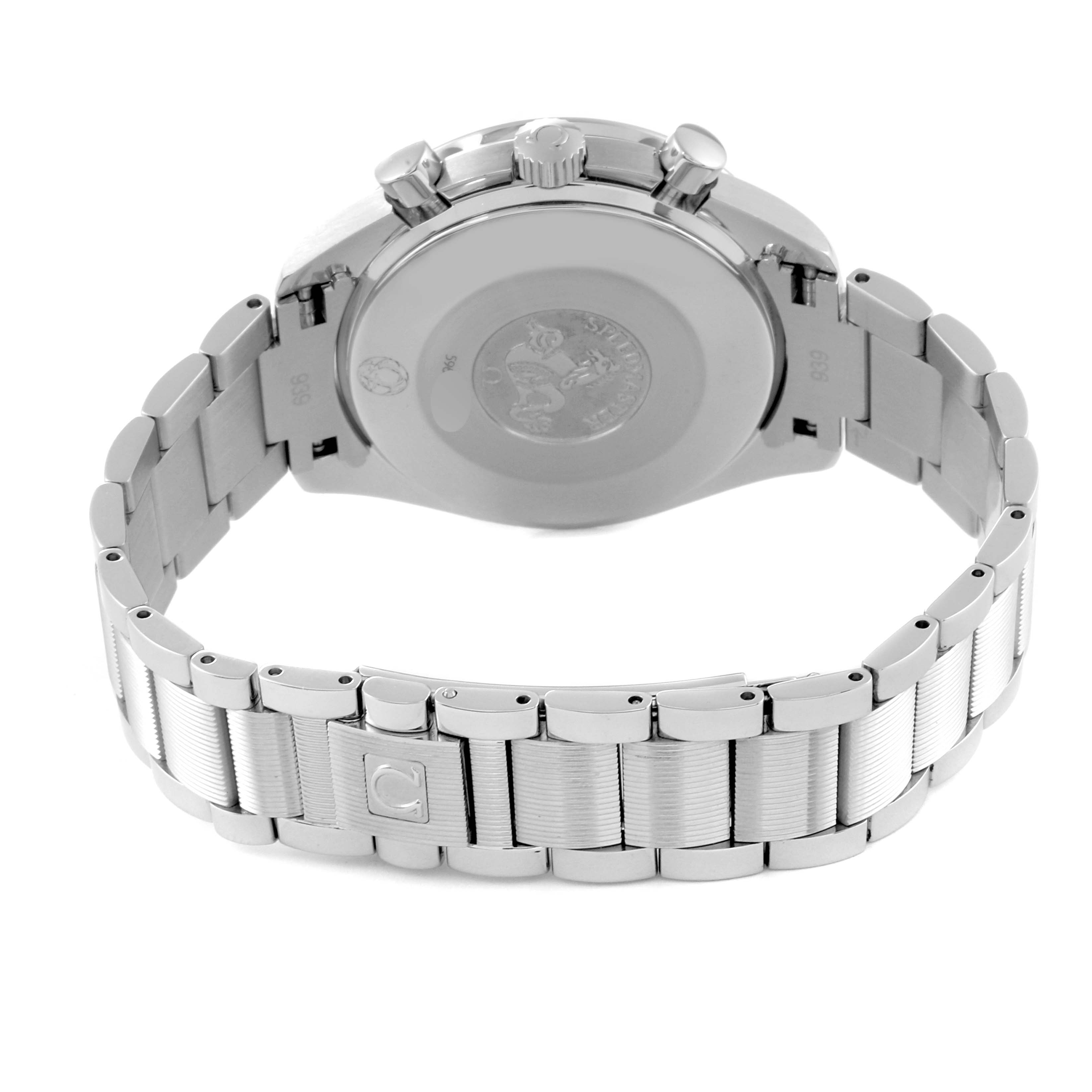 The image shows the back view, clasp, and bracelet of an Omega Speedmaster 3534.74.00 Men's Stainless Steel Mother of Pearl Dial 3534.74.00 Men's Stainless Steel Mother of Pearl Dial watch.