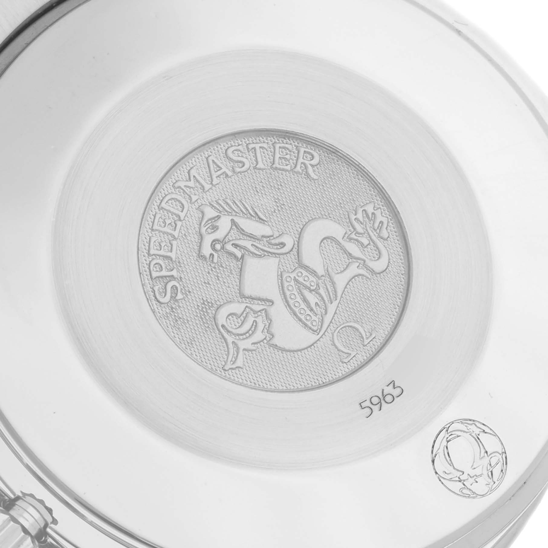 The image shows the back case of an Omega Speedmaster 3534.74.00 Men's Stainless Steel Mother of Pearl Dial 3534.74.00 Men's Stainless Steel Mother of Pearl Dial watch, featuring the engraved Speedmaster logo and a serial number.