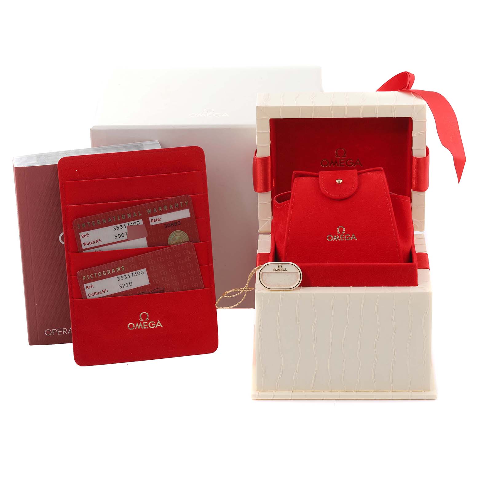 The image shows the packaging and accessories for an Omega Speedmaster 3534.74.00 Men's Stainless Steel Mother of Pearl Dial 3534.74.00 Men's Stainless Steel Mother of Pearl Dial, including the box, warranty cards, and a red pouch.