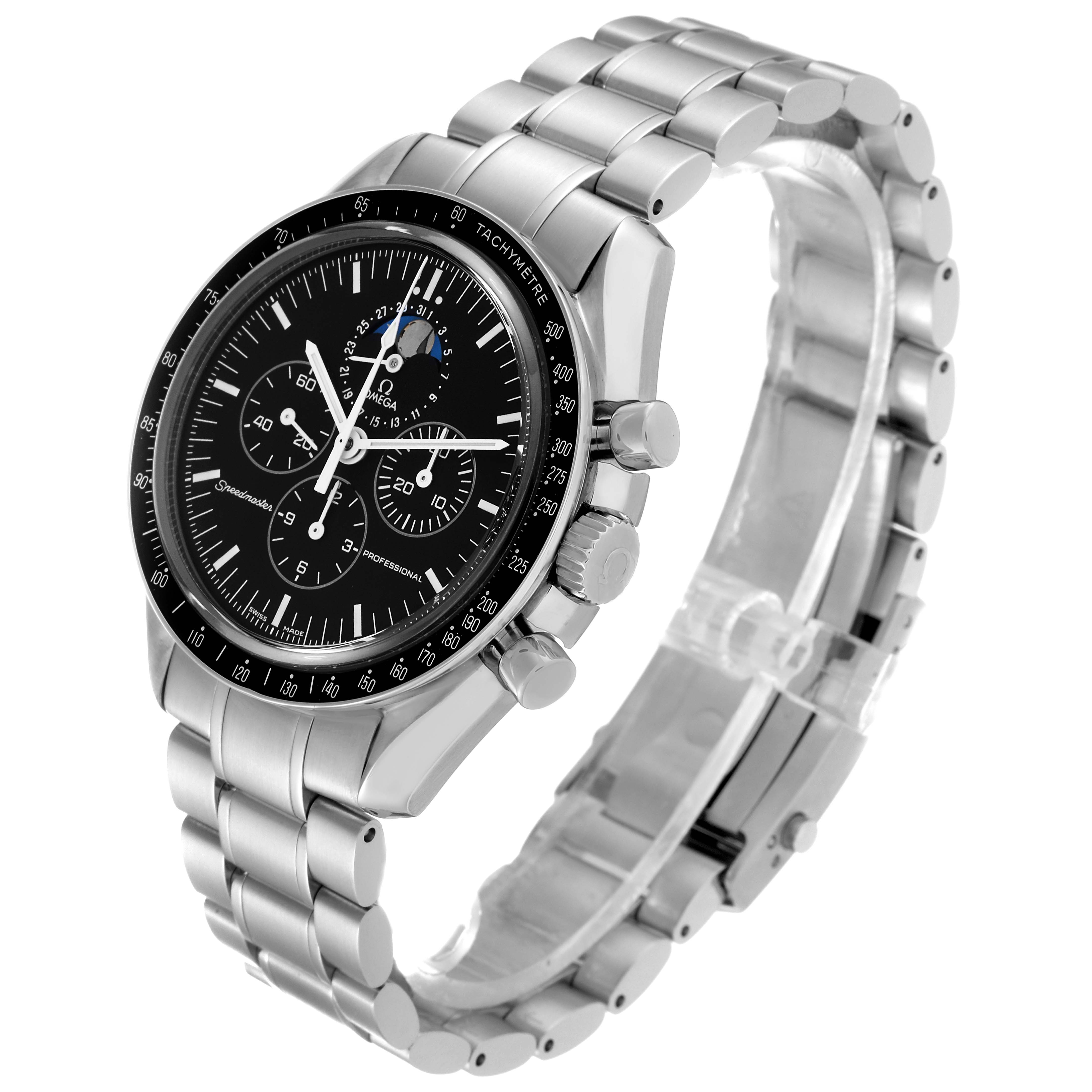 The image shows an Omega Speedmaster 3576.50.00 Men
s Stainless Steel Black Dial 3576.50.00 Men
s Stainless Steel Black Dial watch at a three-quarter angle, highlighting its face, chronograph buttons, and metallic bracelet.