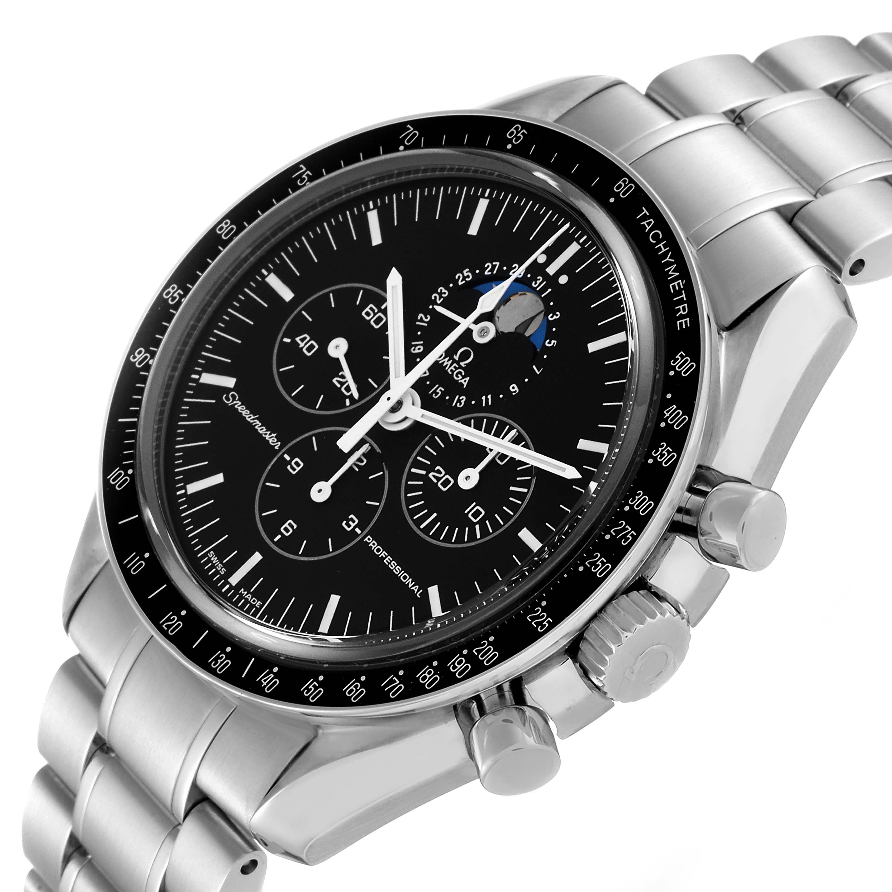 The Omega Speedmaster 3576.50.00 Men
s Stainless Steel Black Dial 3576.50.00 Men
s Stainless Steel Black Dial watch is shown at an angle highlighting its black dial, chronograph sub-dials, tachymeter bezel, and stainless steel bracelet.