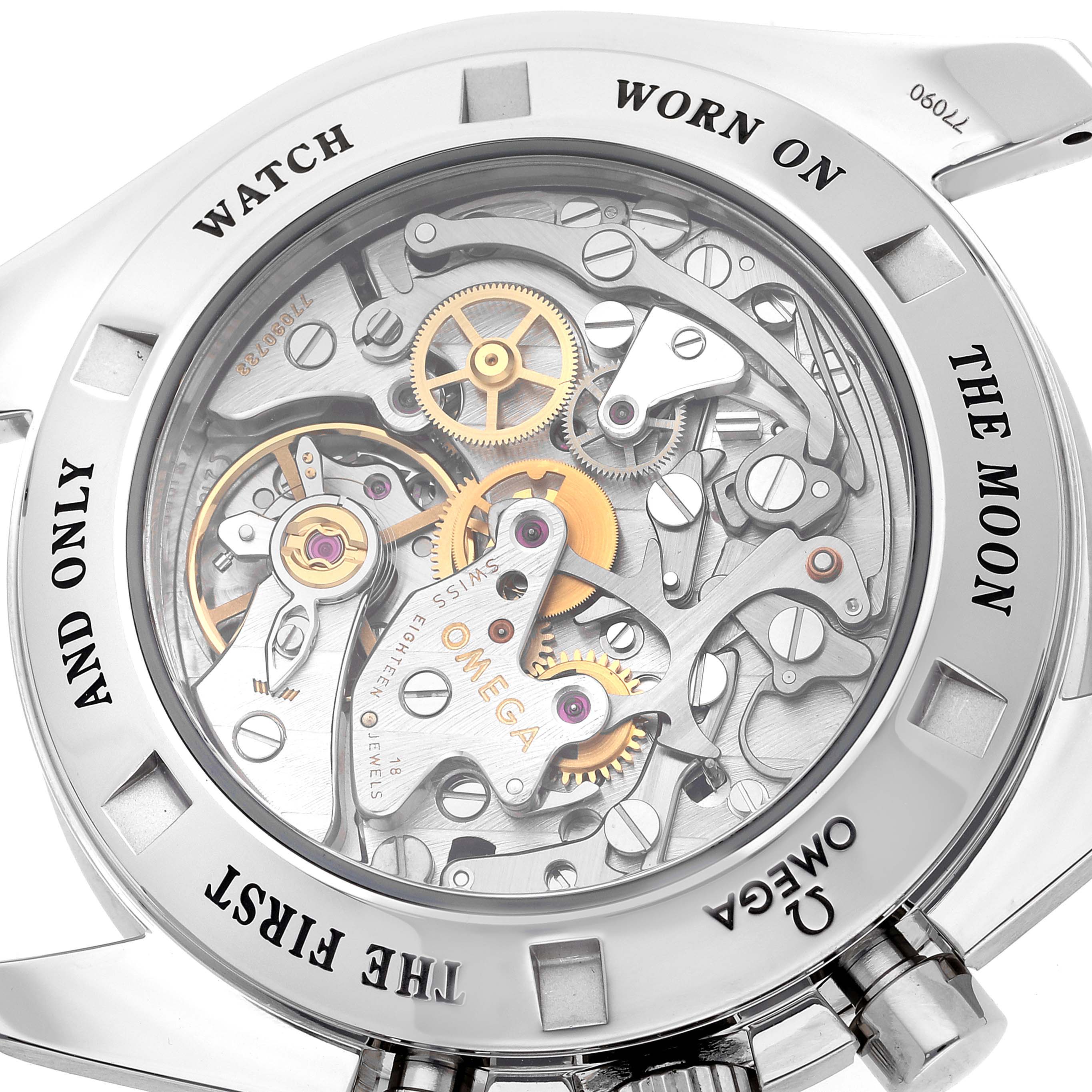 The image shows the back of the Omega Speedmaster 3576.50.00 Men
s Stainless Steel Black Dial 3576.50.00 Men
s Stainless Steel Black Dial watch, revealing its internal mechanical components.