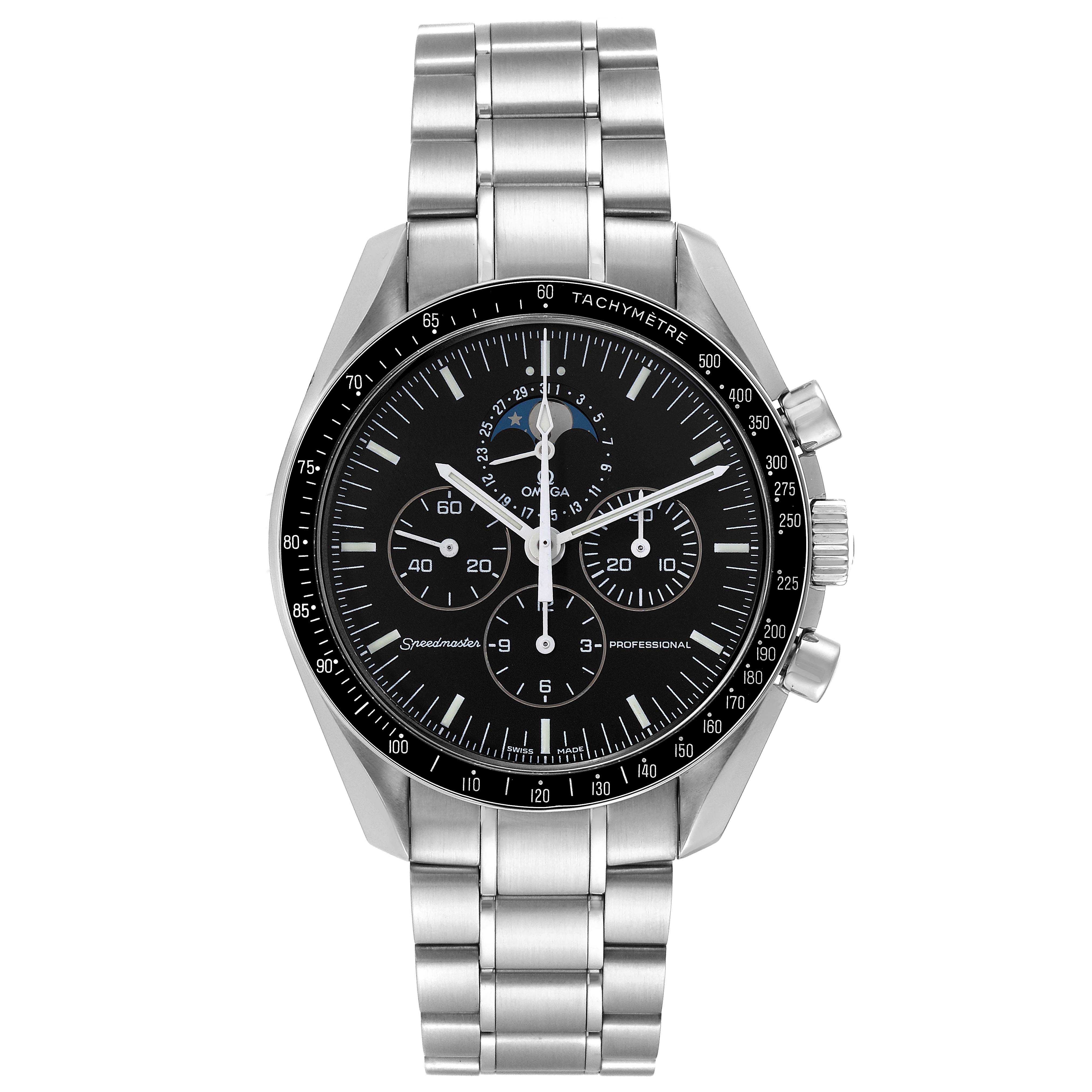 The image shows a front view of the Omega Speedmaster 3576.50.00 Men
s Stainless Steel Black Dial 3576.50.00 Men
s Stainless Steel Black Dial watch, displaying its stainless steel case, bracelet, and chronograph dial.