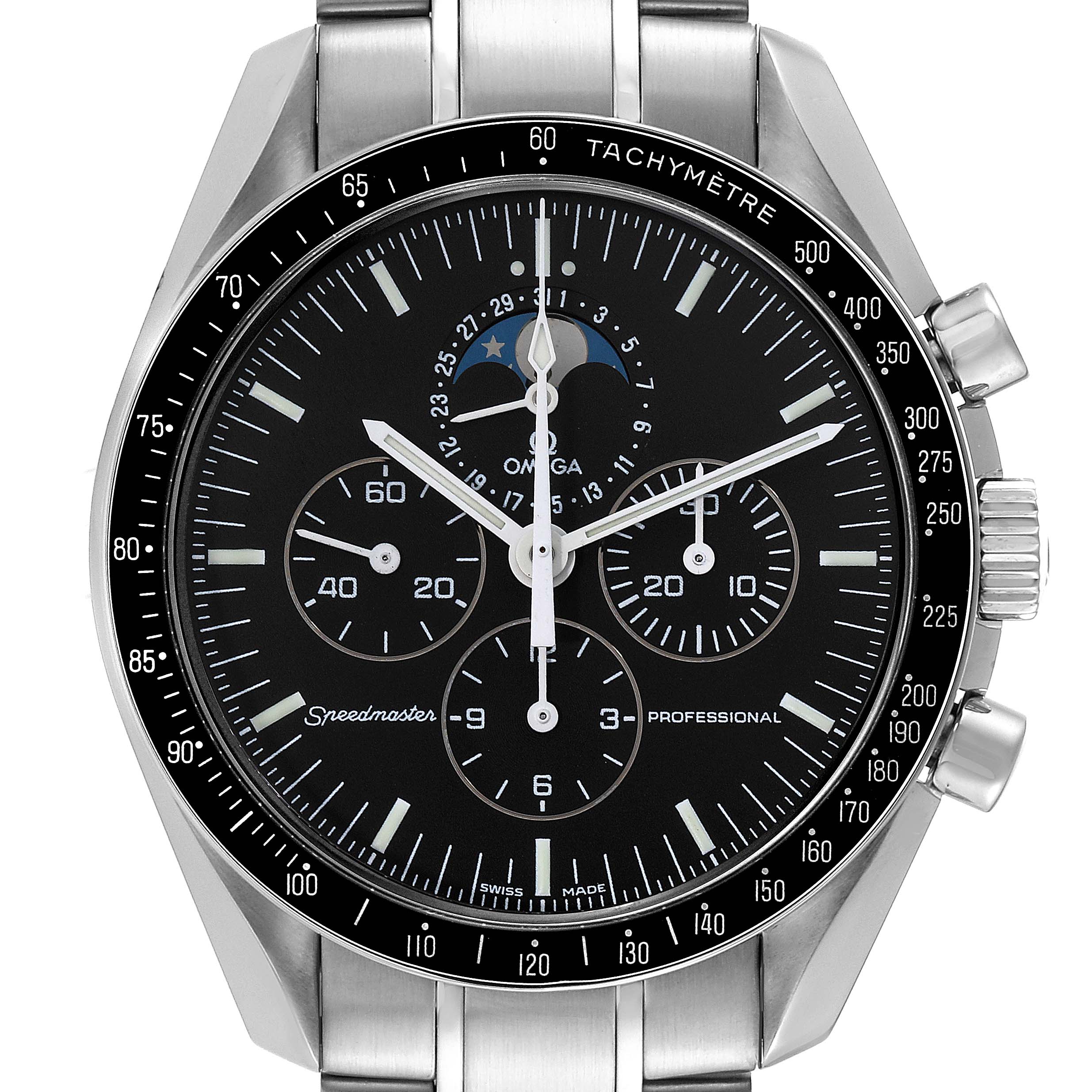 The image shows a front view of an Omega Speedmaster 3576.50.00 Men
s Stainless Steel Black Dial 3576.50.00 Men
s Stainless Steel Black Dial watch, highlighting its chronograph dials and moonphase indicator.