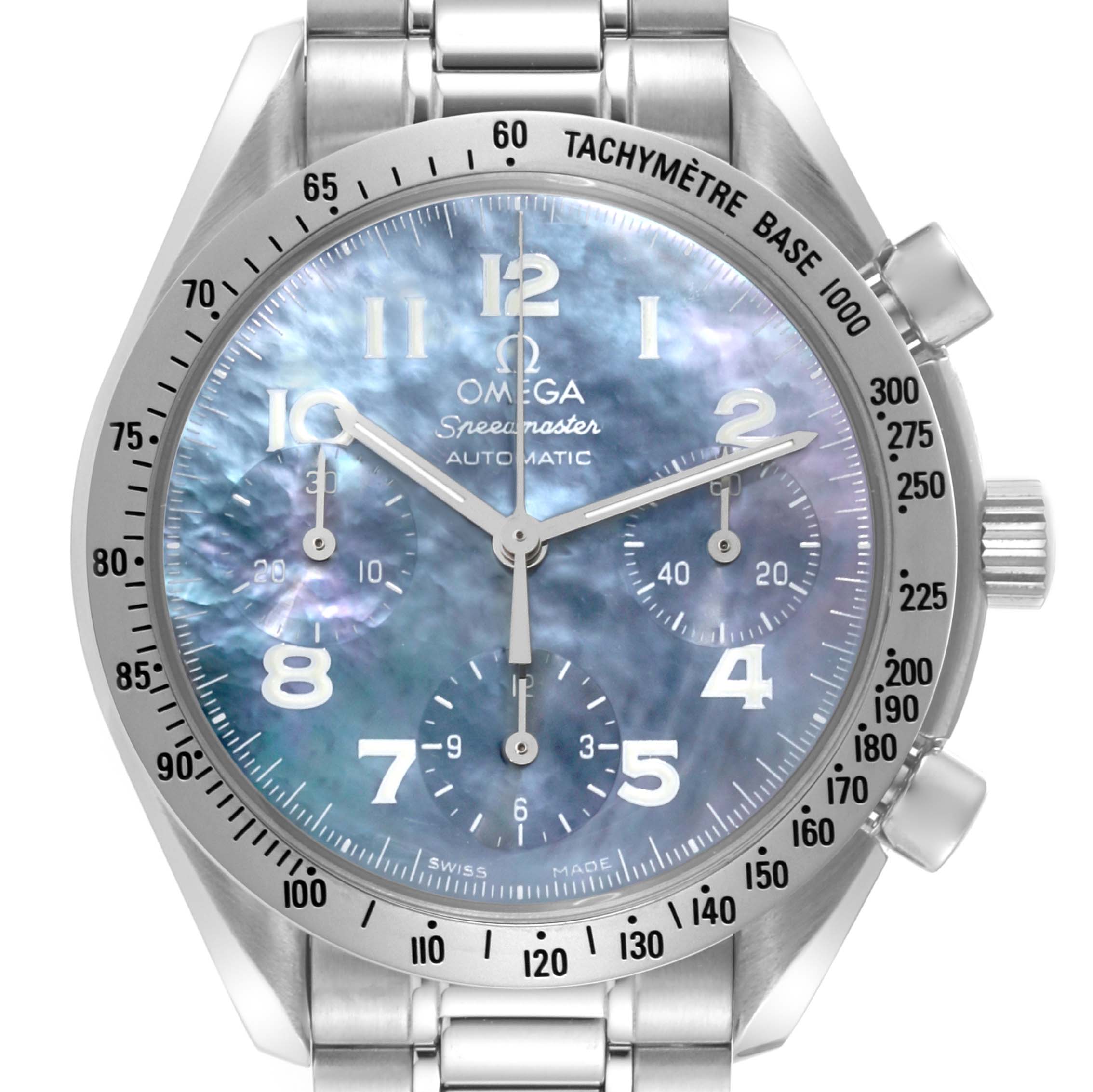 The image shows a front view of the Omega Speedmaster 3502.73.00 Men's Stainless Steel Mother of Pearl Dial 3502.73.00 Men's Stainless Steel Mother of Pearl Dial watch, featuring the dial, bezel, chronograph subdials, and crown.