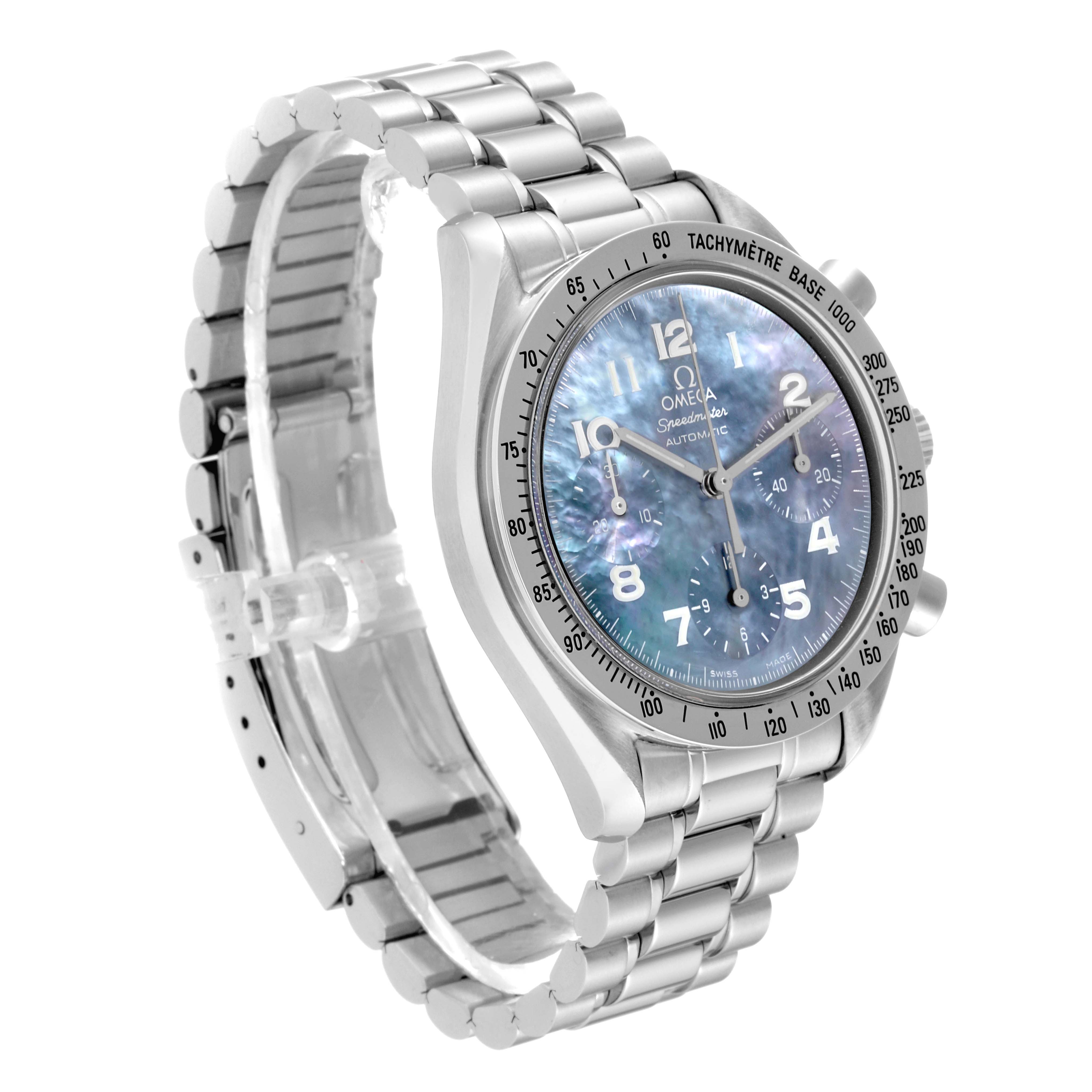 The Omega Speedmaster 3502.73.00 Men's Stainless Steel Mother of Pearl Dial 3502.73.00 Men's Stainless Steel Mother of Pearl Dial watch is shown at a three-quarter angle, showcasing its bracelet, bezel, and dial.