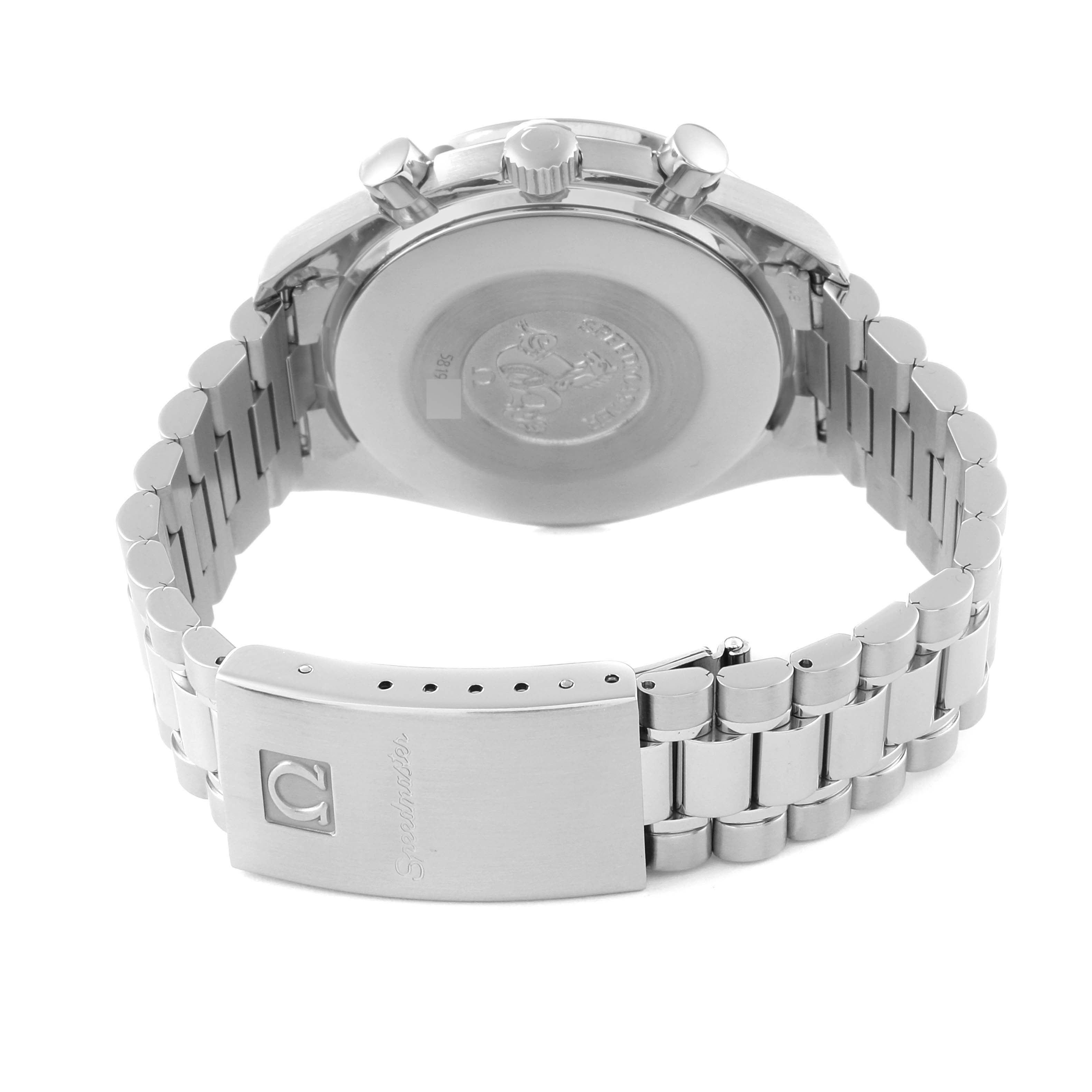 This Omega Speedmaster 3502.73.00 Men's Stainless Steel Mother of Pearl Dial 3502.73.00 Men's Stainless Steel Mother of Pearl Dial watch is shown from the back, displaying the case back, bracelet, and clasp.