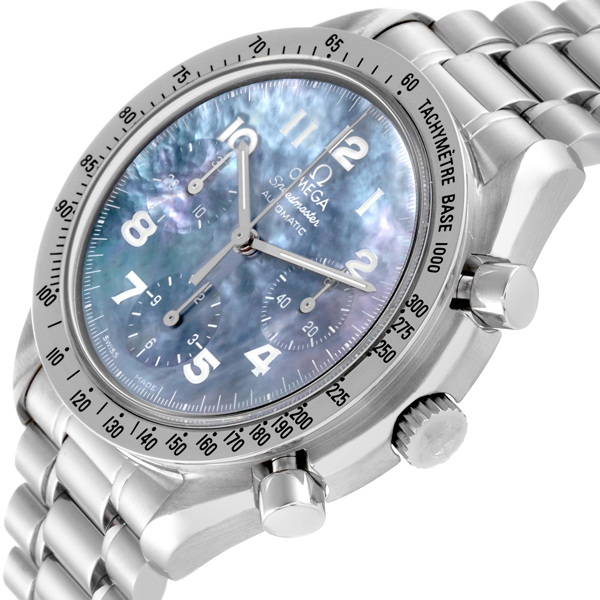 The image shows an Omega Speedmaster 3502.73.00 Men's Stainless Steel Mother of Pearl Dial 3502.73.00 Men's Stainless Steel Mother of Pearl Dial watch from an angled view, highlighting the dial, tachymeter bezel, pushers, and stainless steel bracelet.